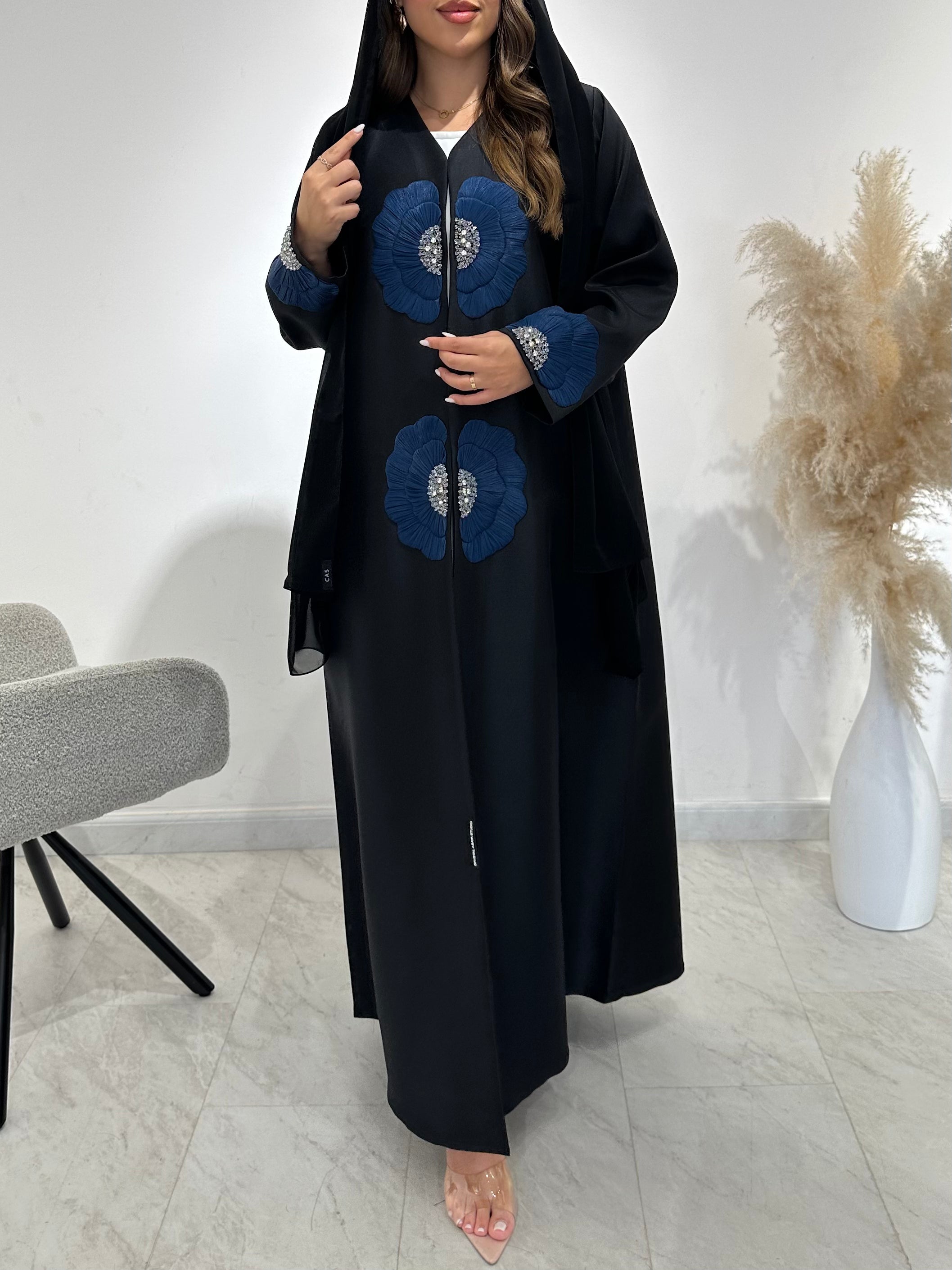 C 1490 Black Floral Beaded Abaya