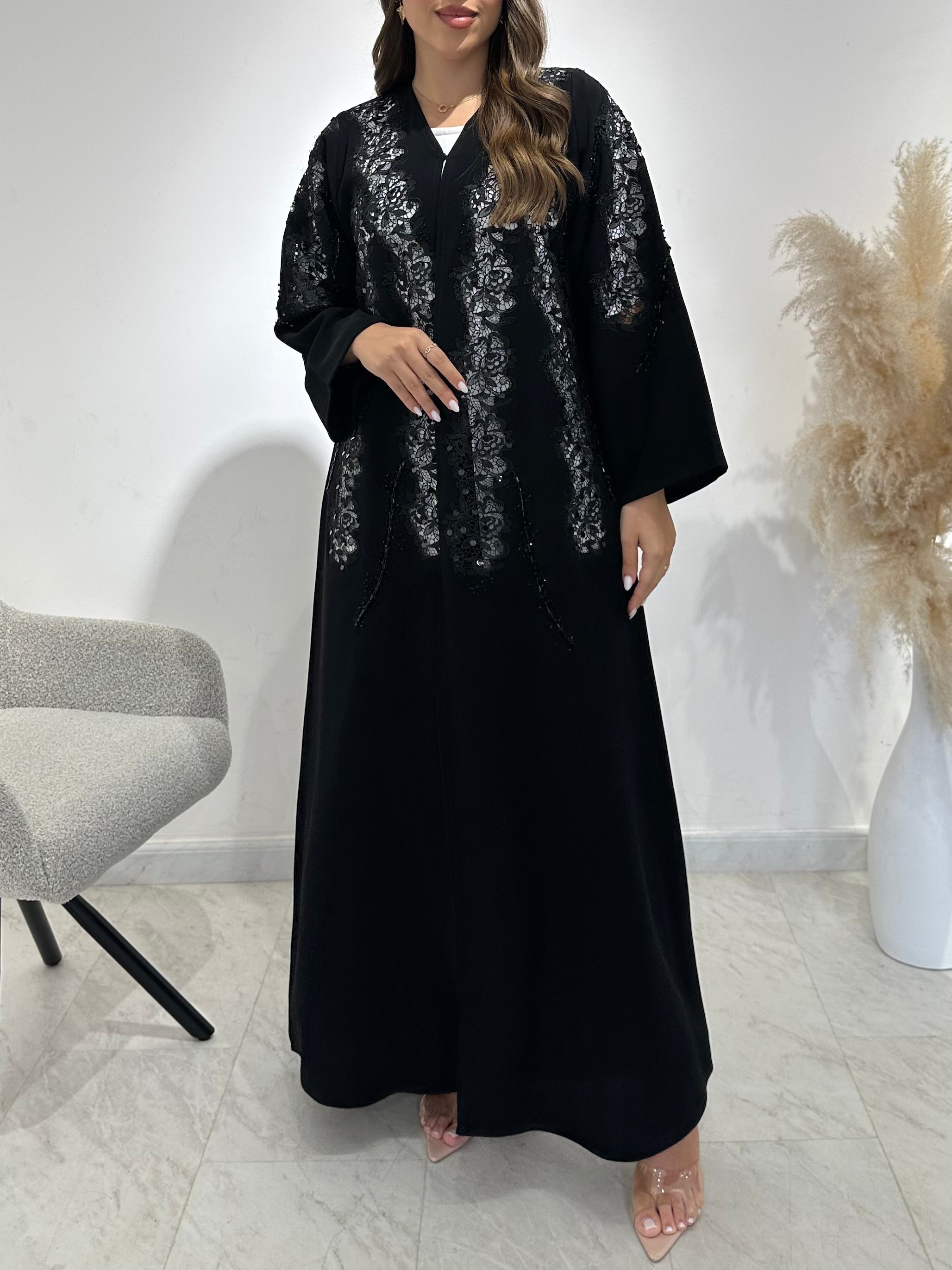 C 1492 Black Beaded Lace Abaya