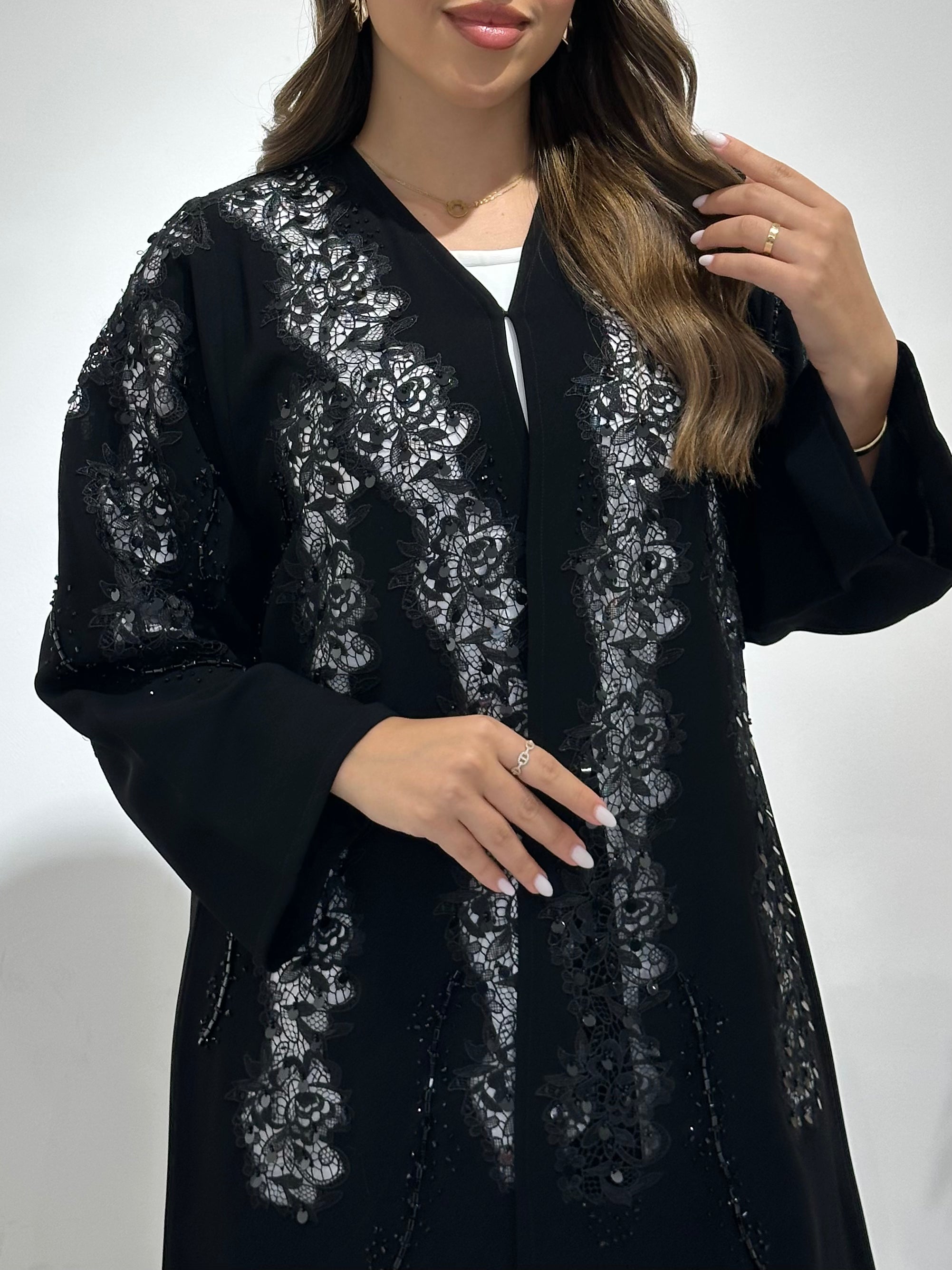 C 1492 Black Beaded Lace Abaya