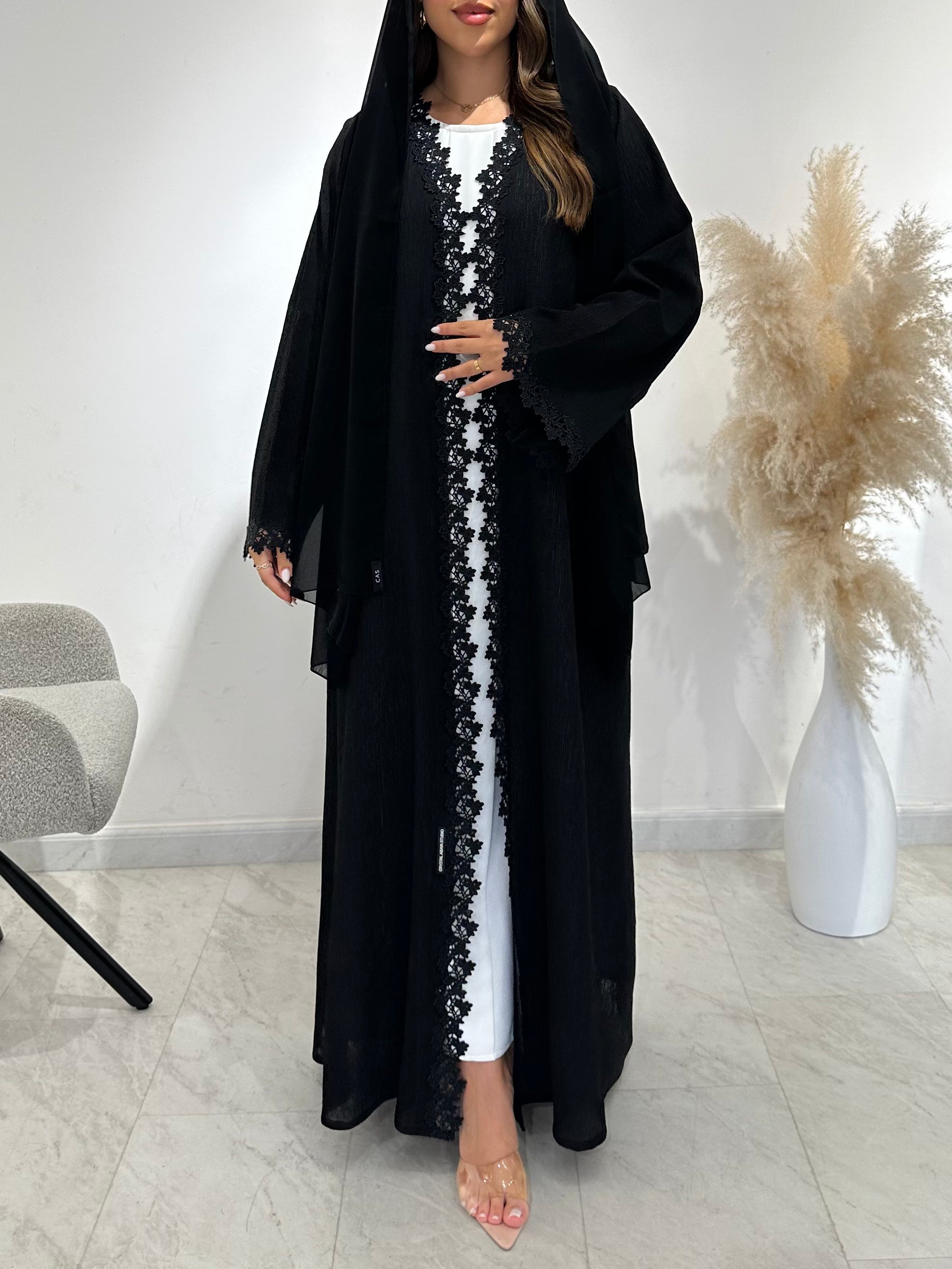 C 1493 Black Crystals Lace Abaya