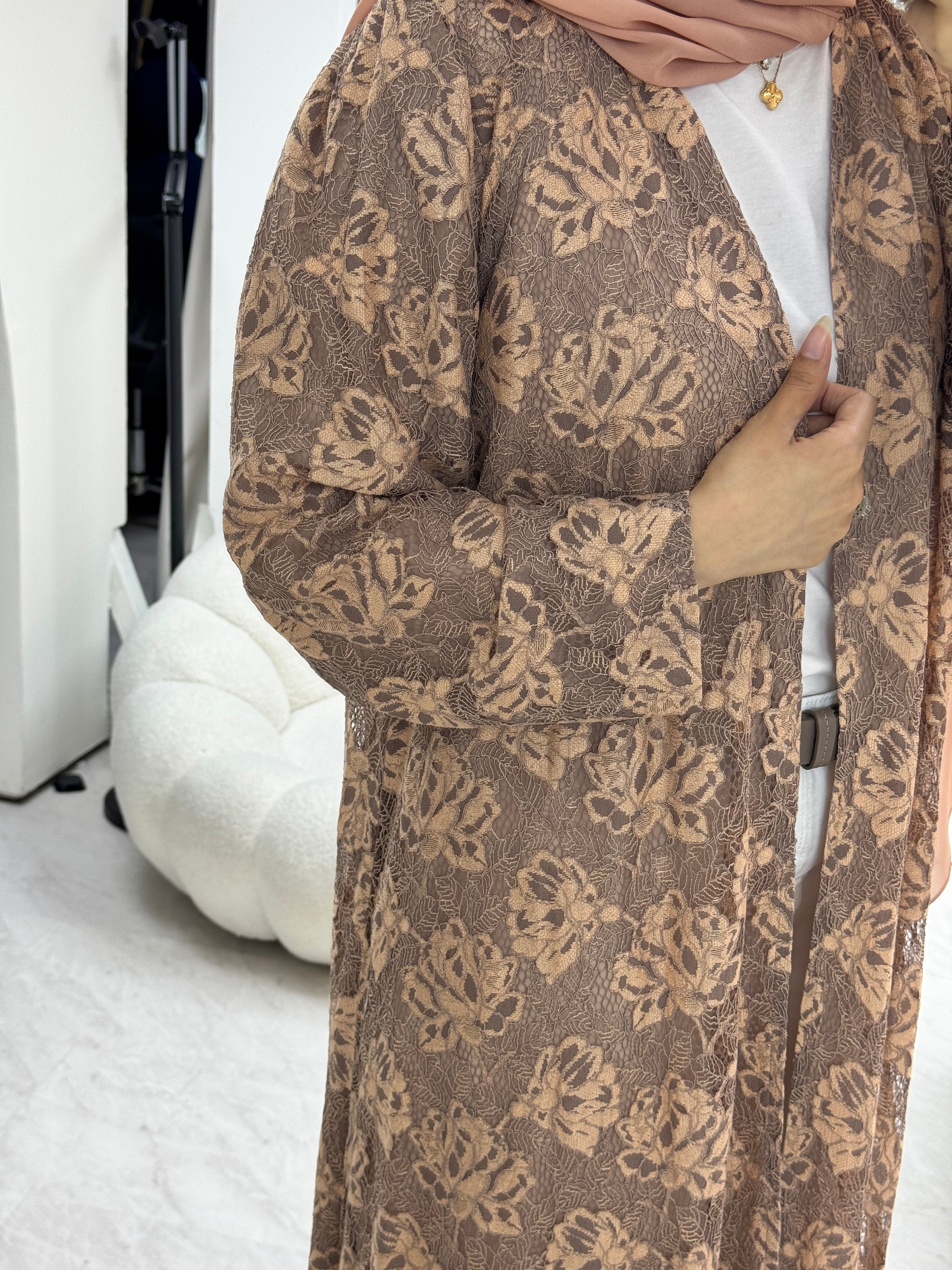 C 1278-03 Amber Brown Dantel Abaya