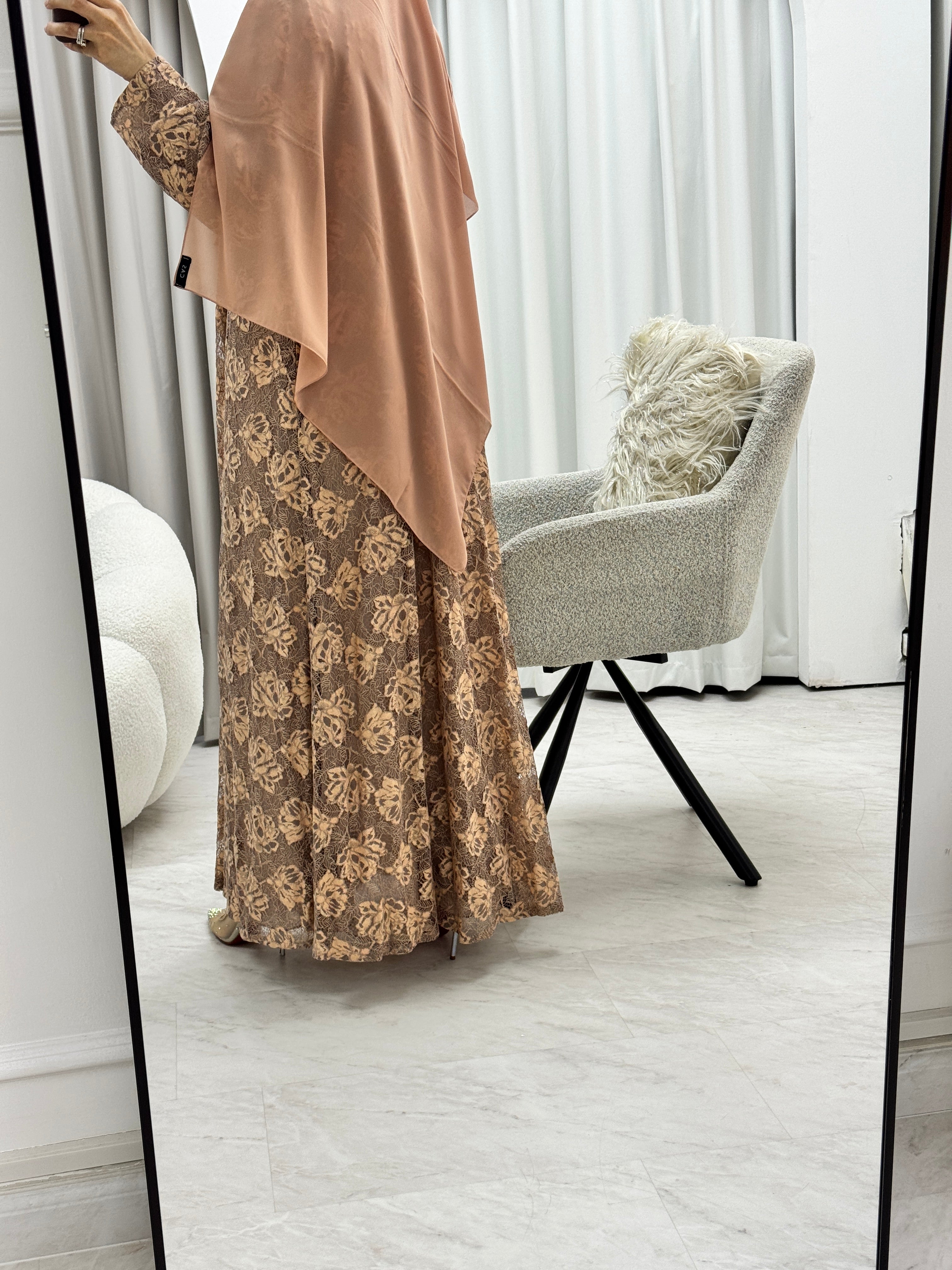 C 1278-03 Amber Brown Dantel Abaya