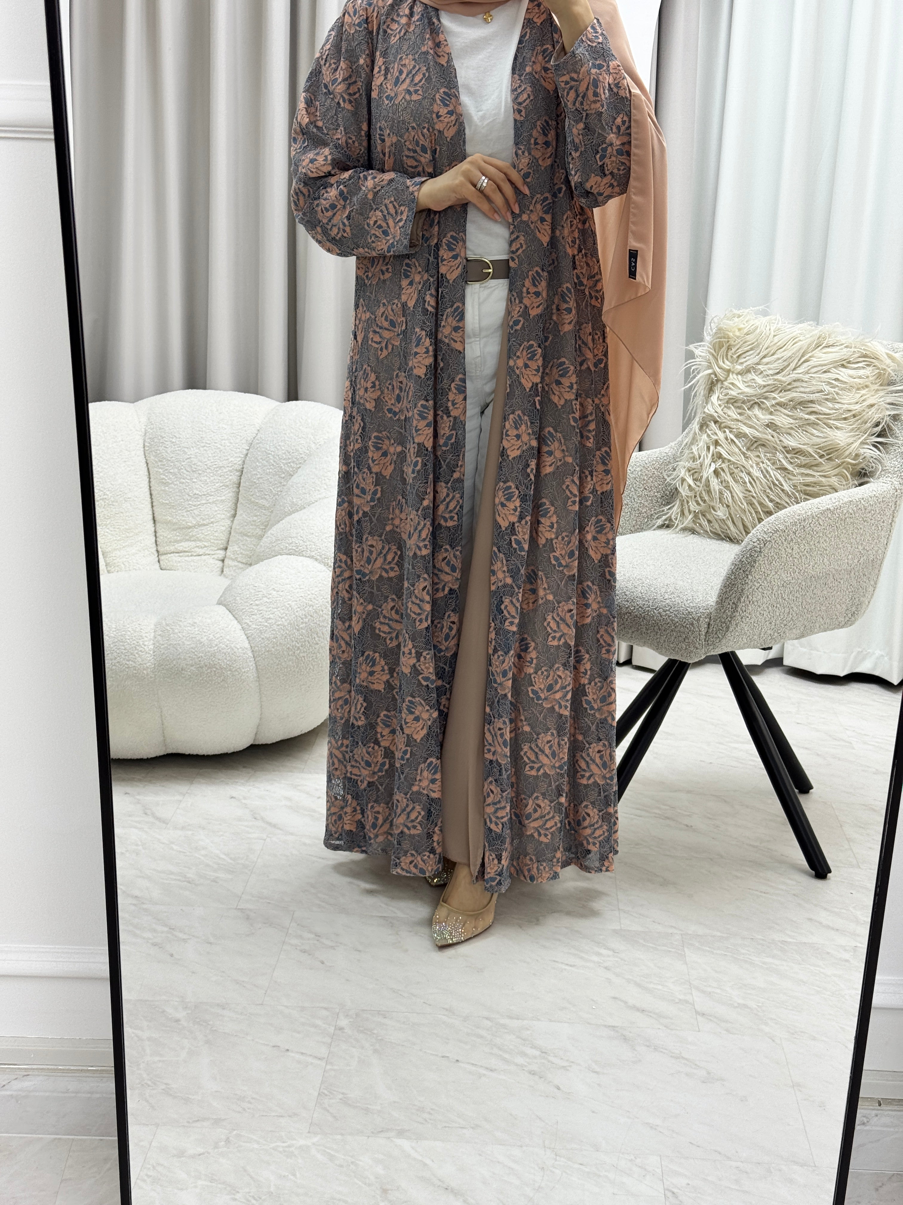 C 1278-01 Pink Brown Dantel Abaya