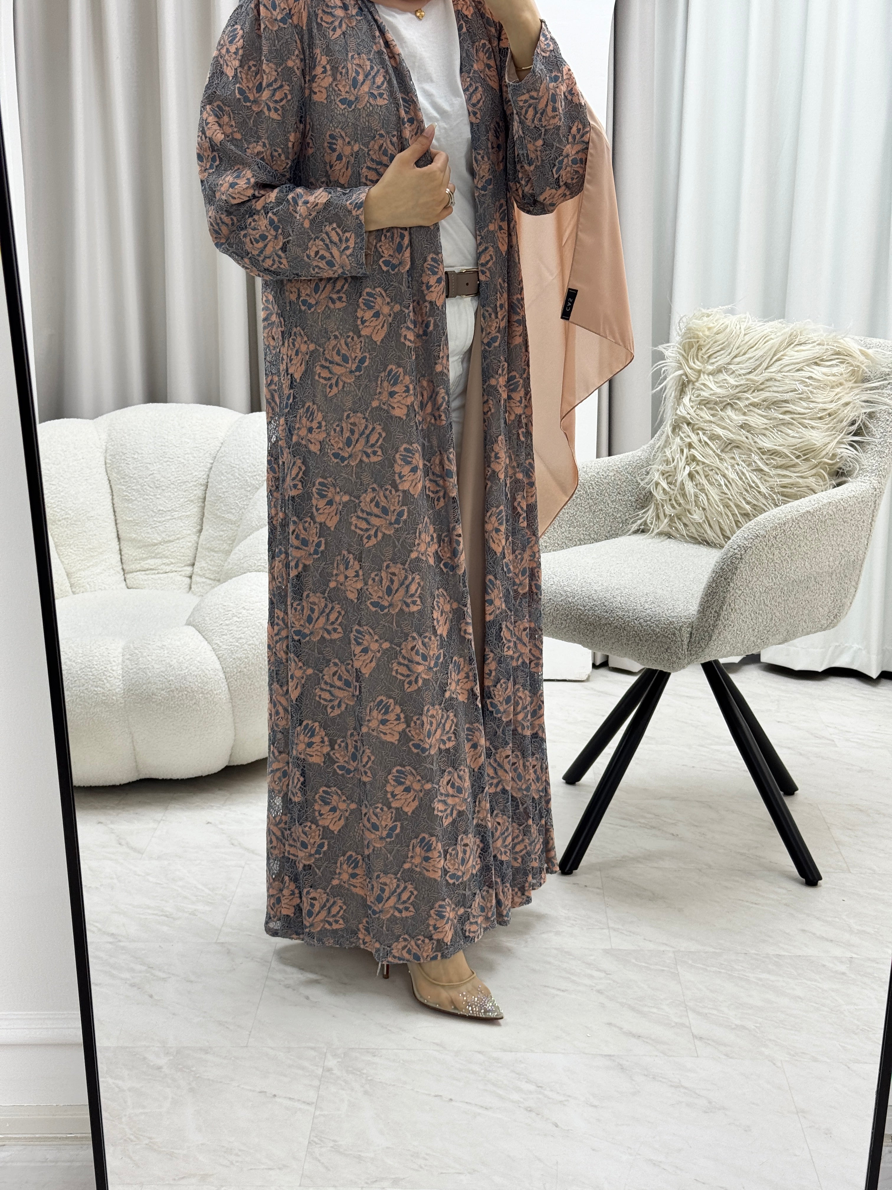 C 1278-01 Pink Brown Dantel Abaya