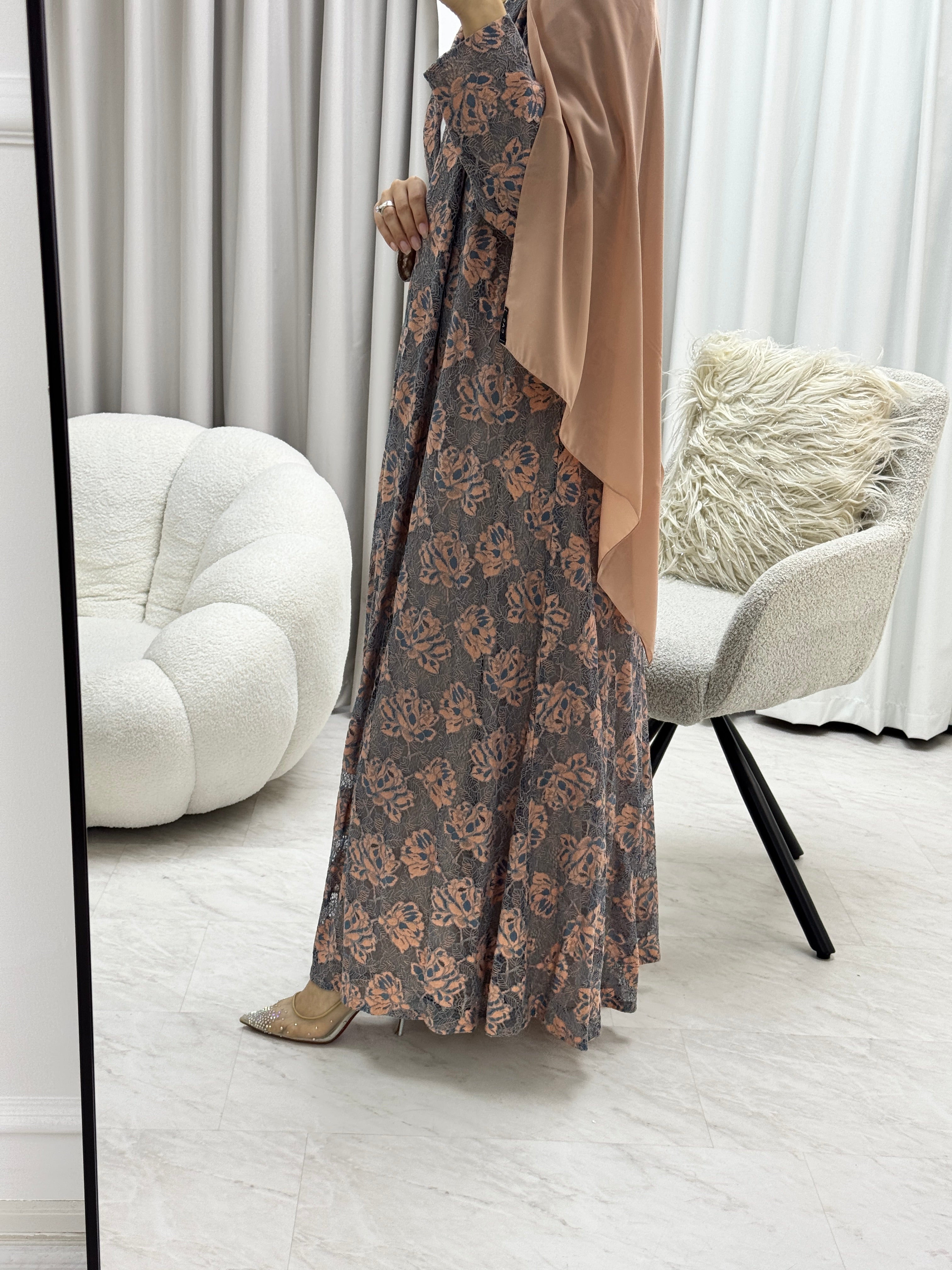 C 1278-01 Pink Brown Dantel Abaya