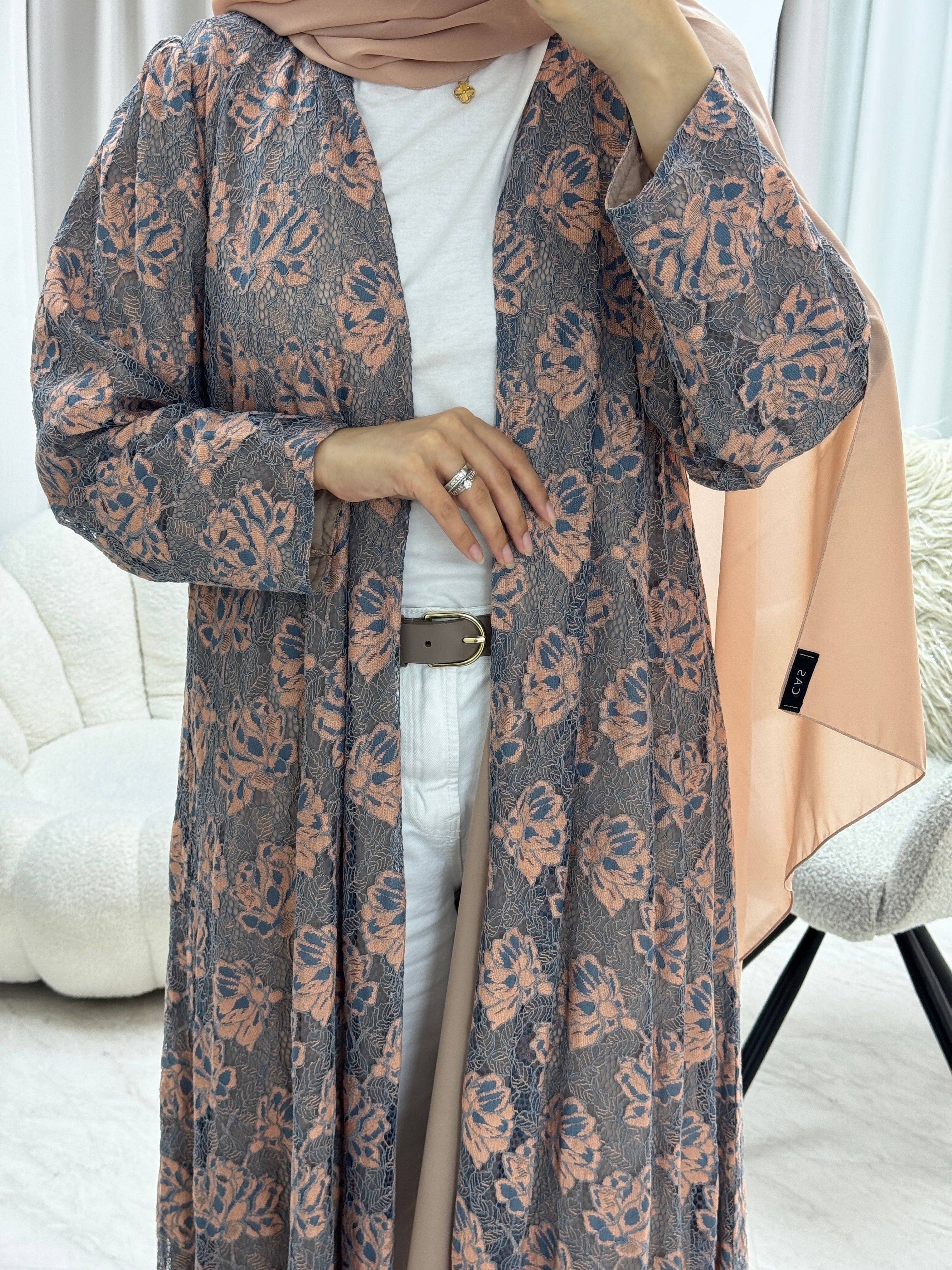 C 1278-01 Pink Brown Dantel Abaya