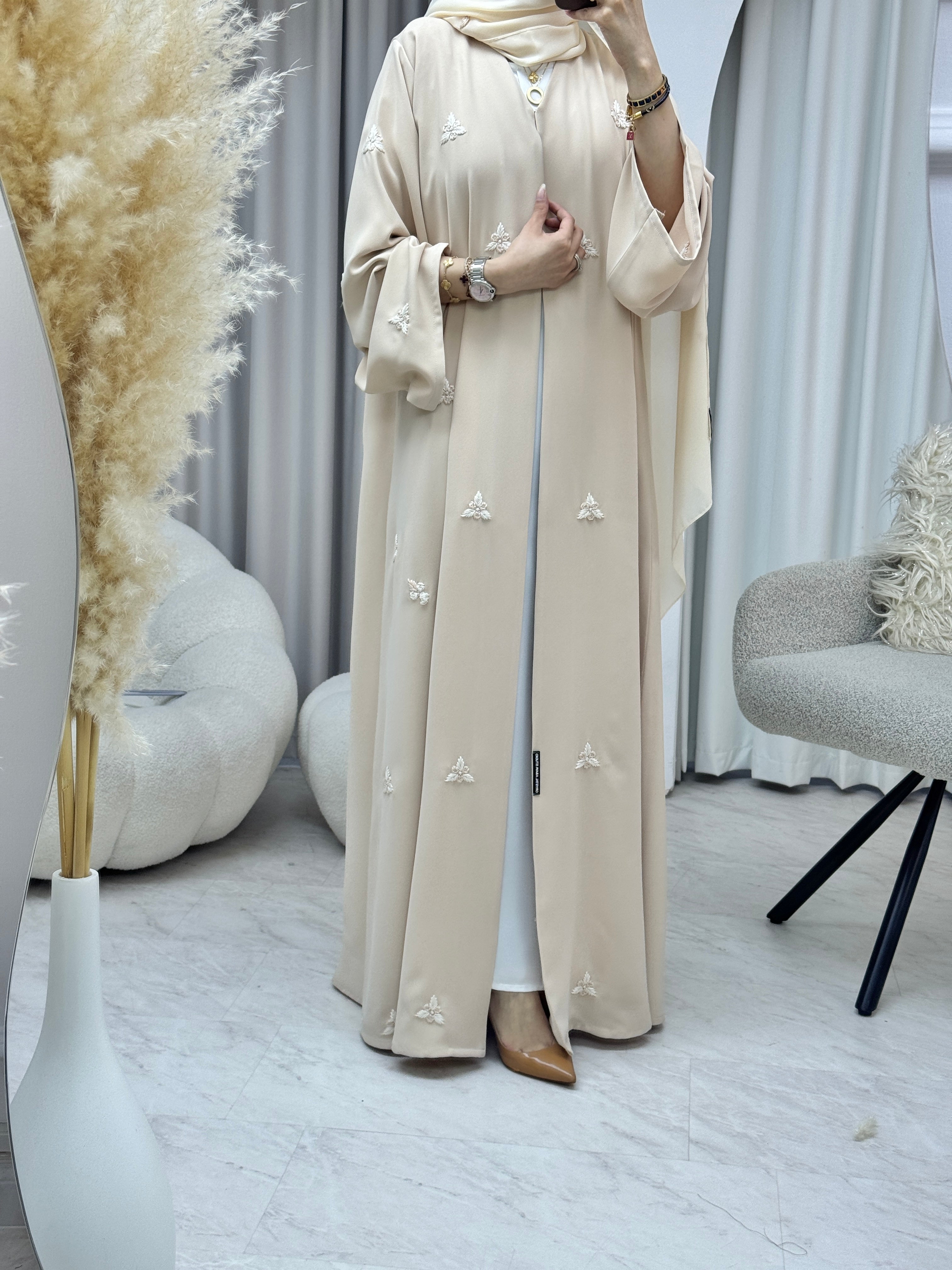 C 1284-01 Beige Blush Embroidered Abaya
