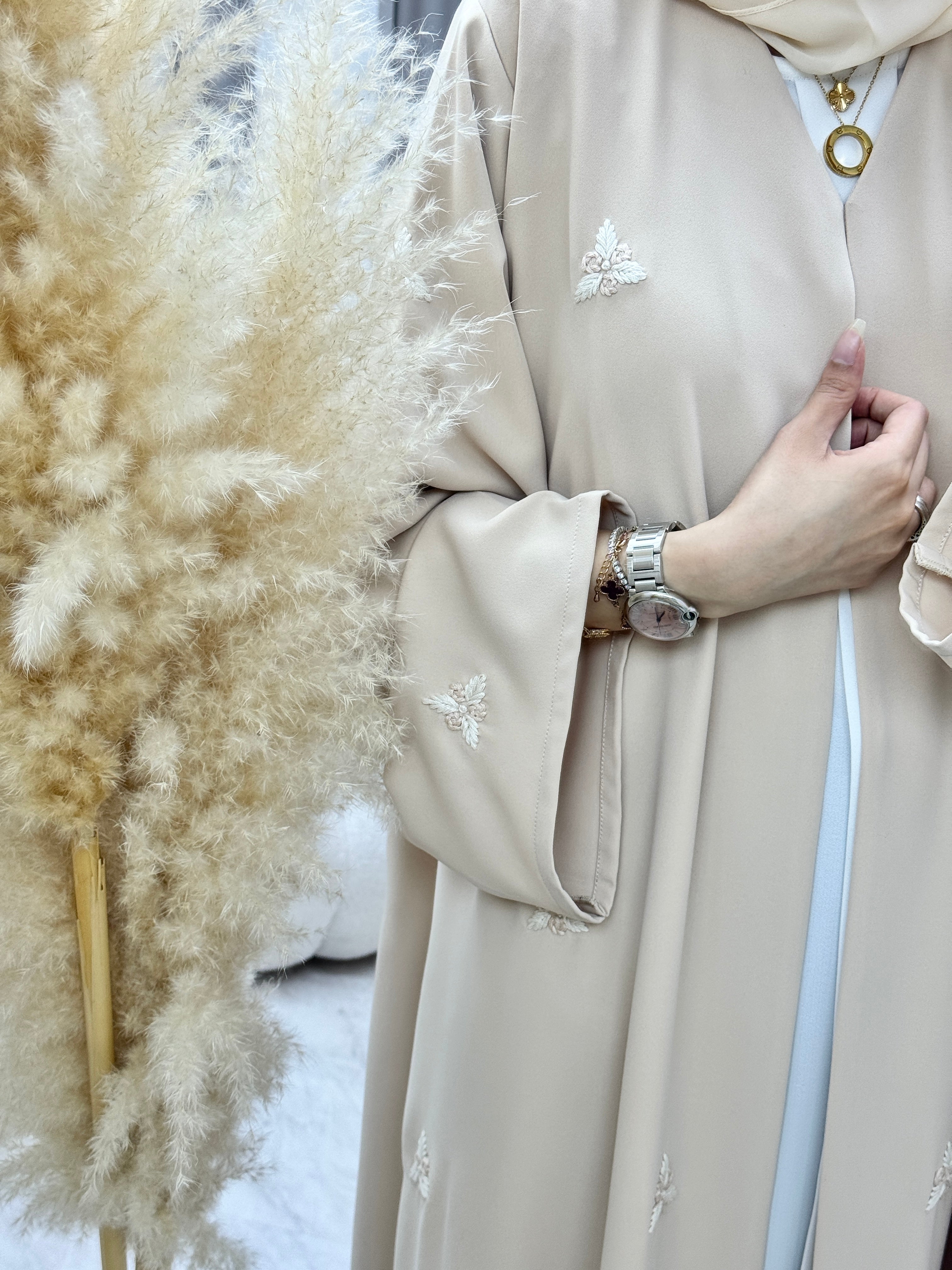 C 1284-01 Beige Blush Embroidered Abaya