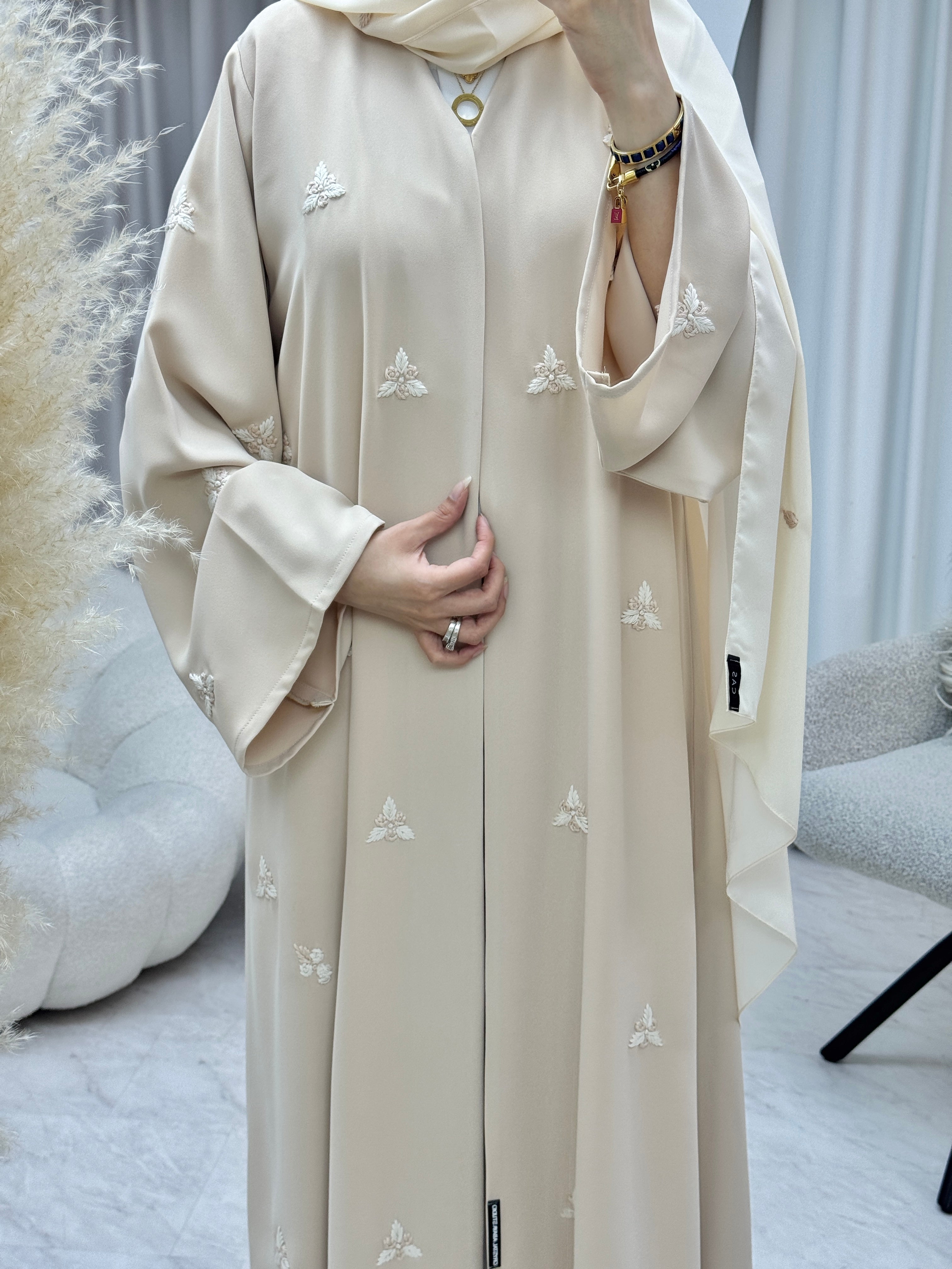 C 1284-01 Beige Blush Embroidered Abaya