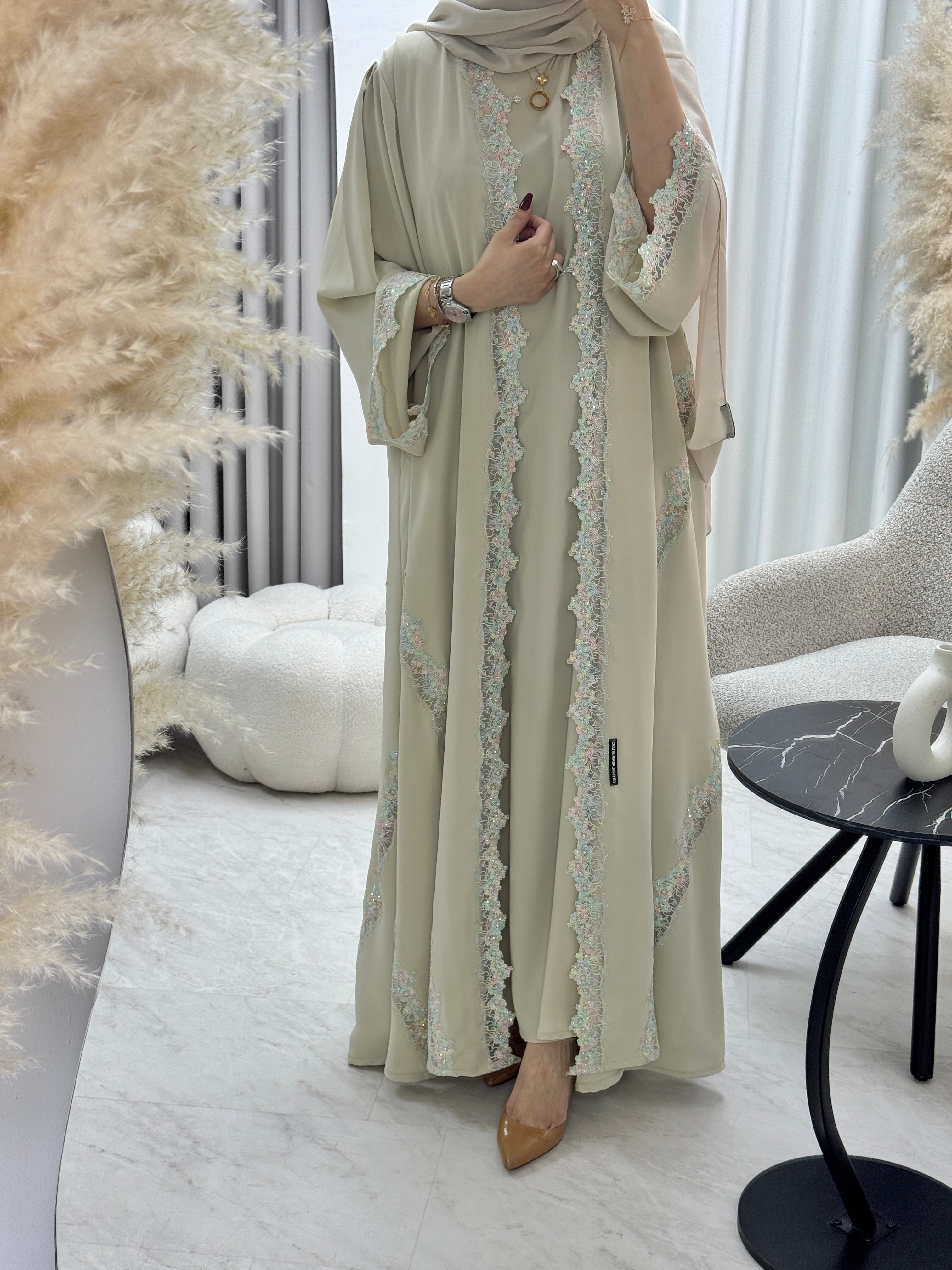 C 1287 Cream Floral Abaya