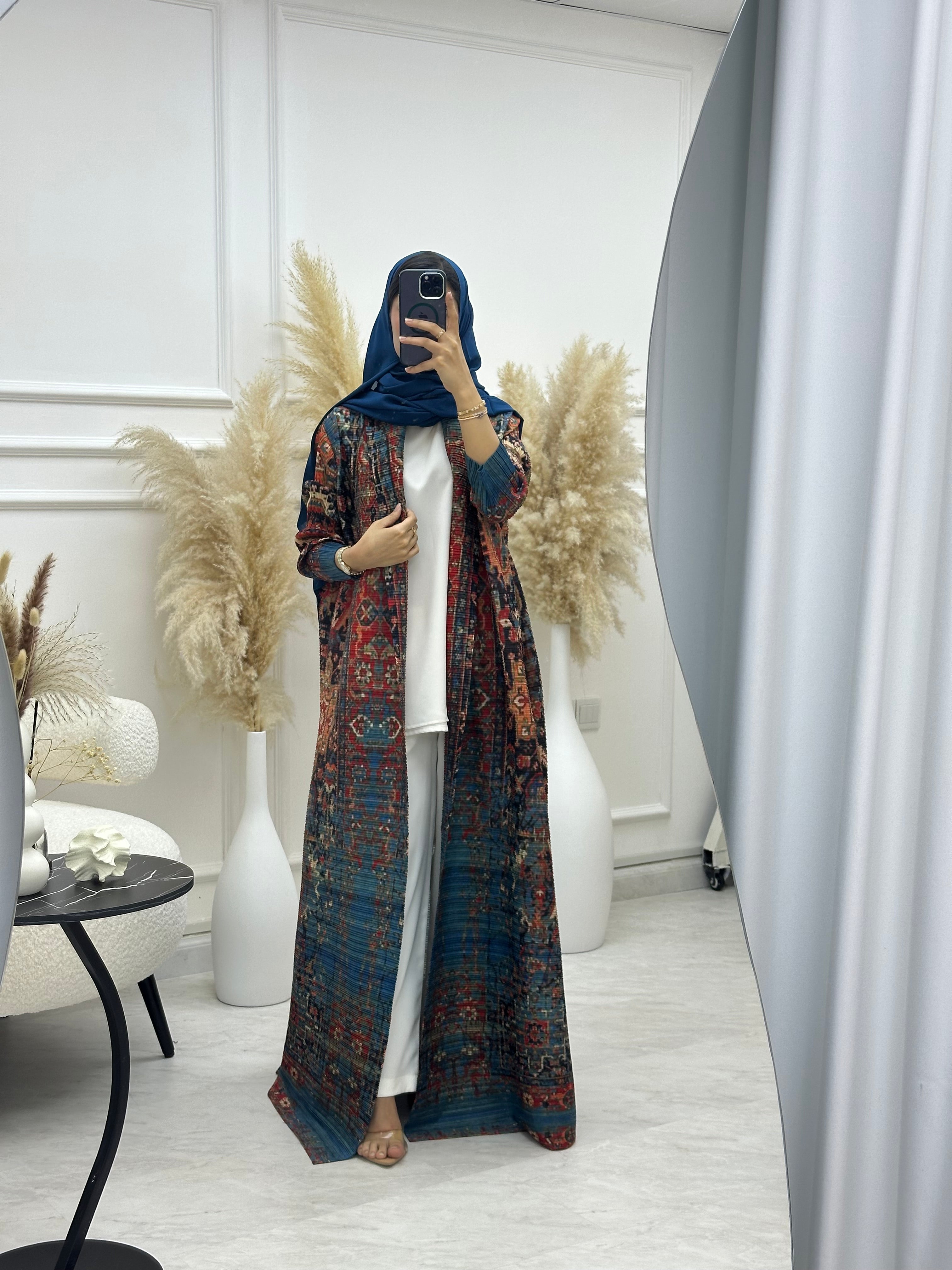 C RTW 03 Teal Pleated Print Abaya