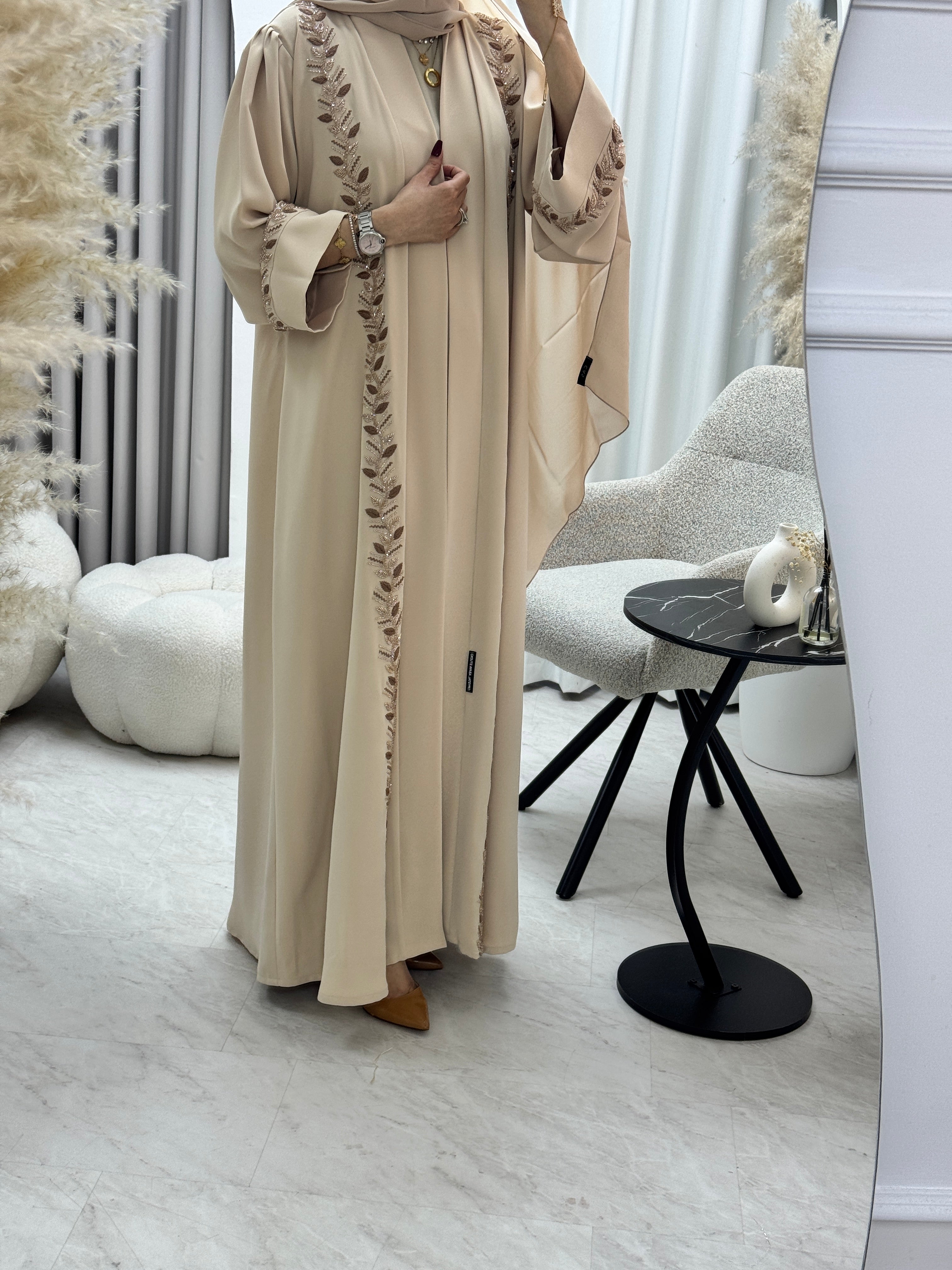 C 1286 Beige Leaf Beaded Abaya