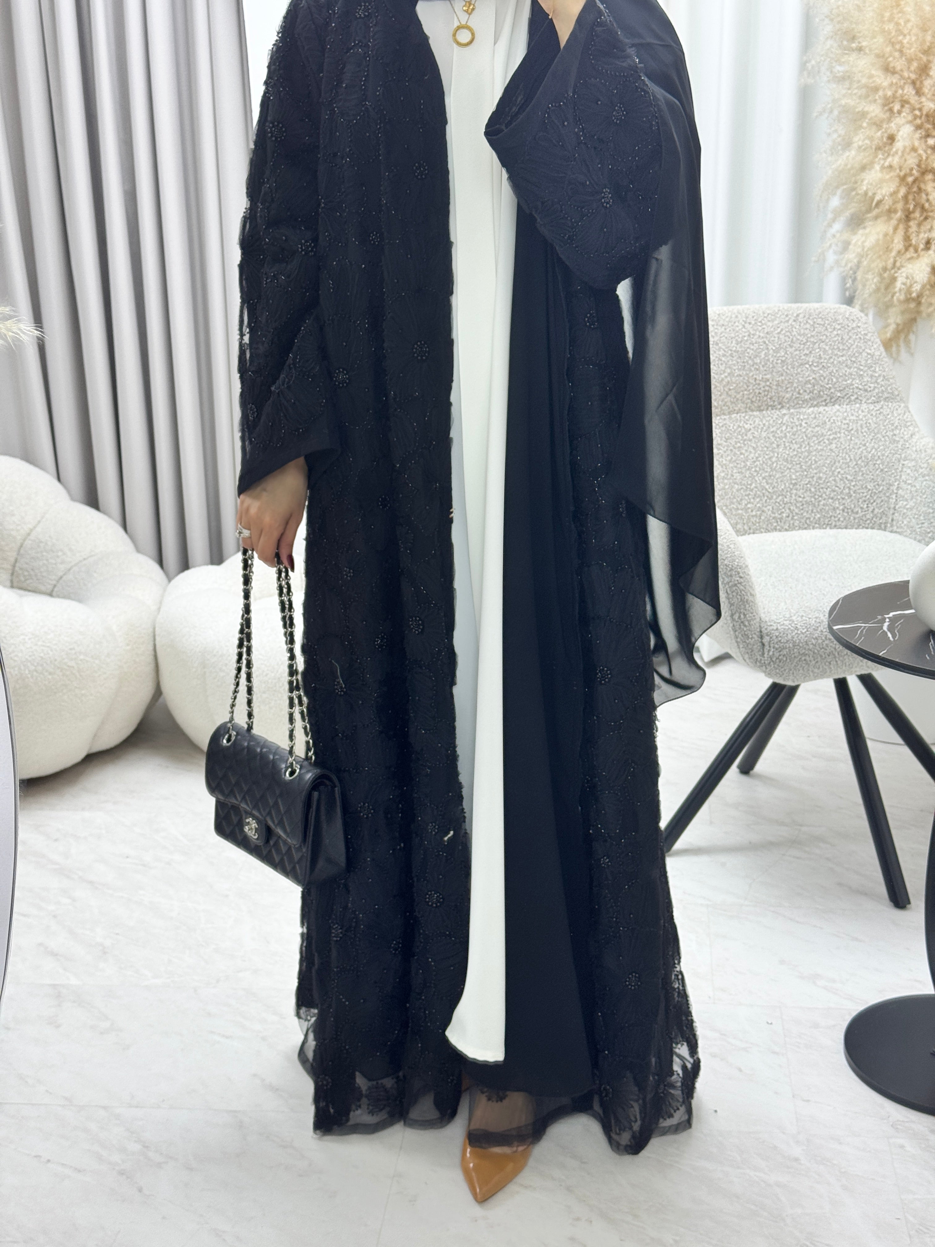 C 1289-06 Black Beaded Dantel Abaya