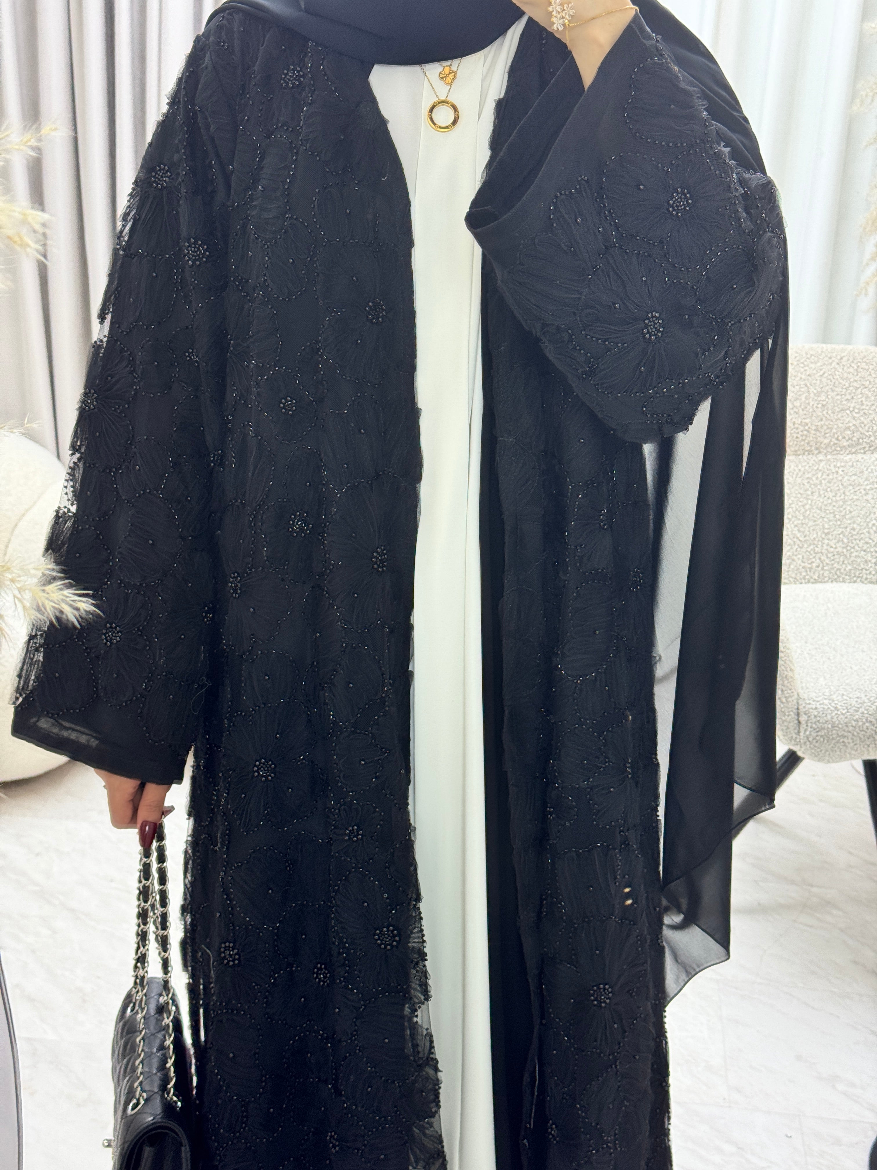 C 1289-06 Black Beaded Dantel Abaya