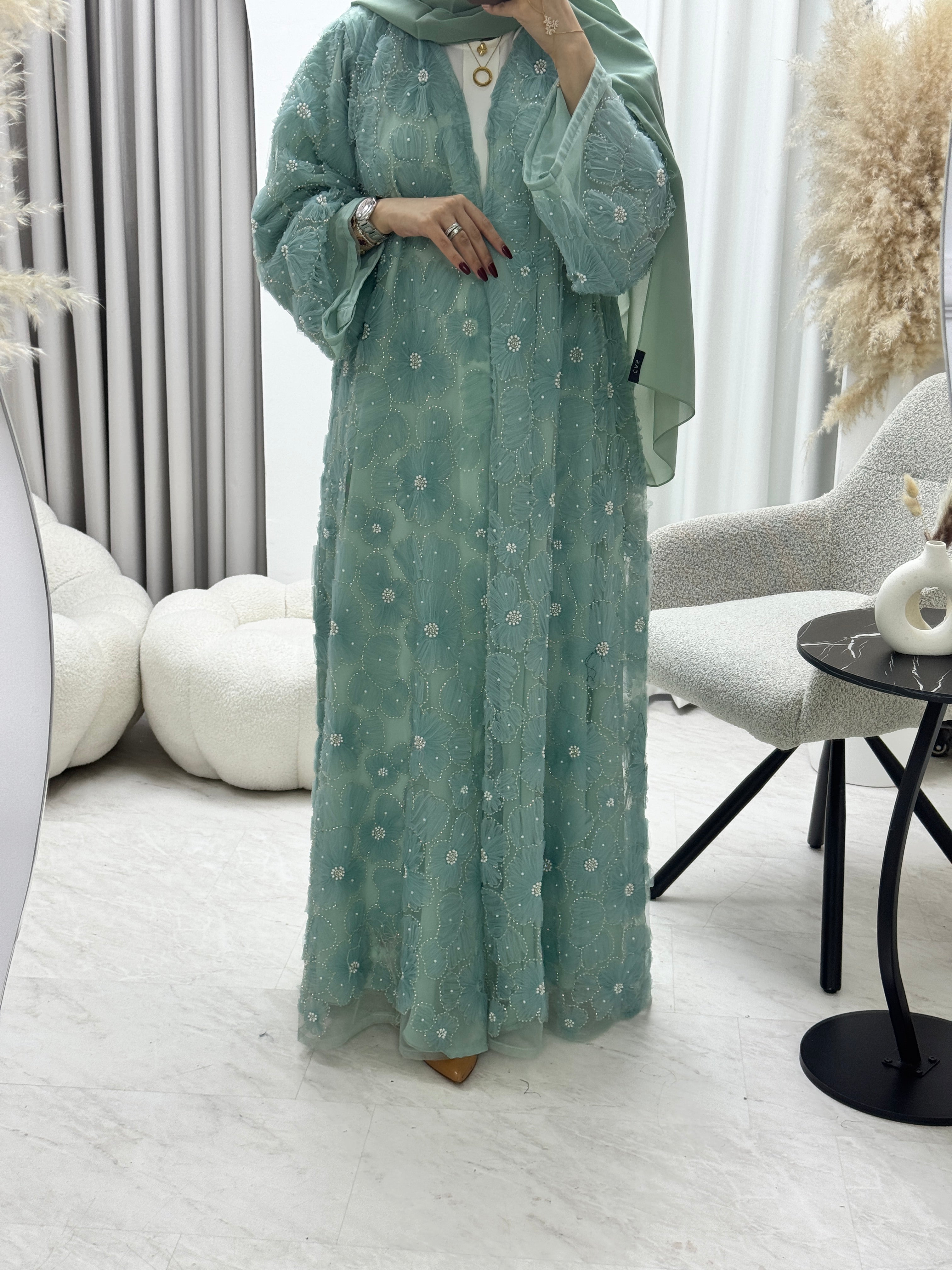 C 1289-02 Turquoise Beaded Dantel Abaya