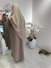 C Beige Linen Embroidered Abaya