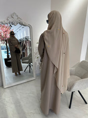 C Beige Linen Embroidered Abaya
