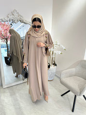 C Beige Linen Embroidered Abaya