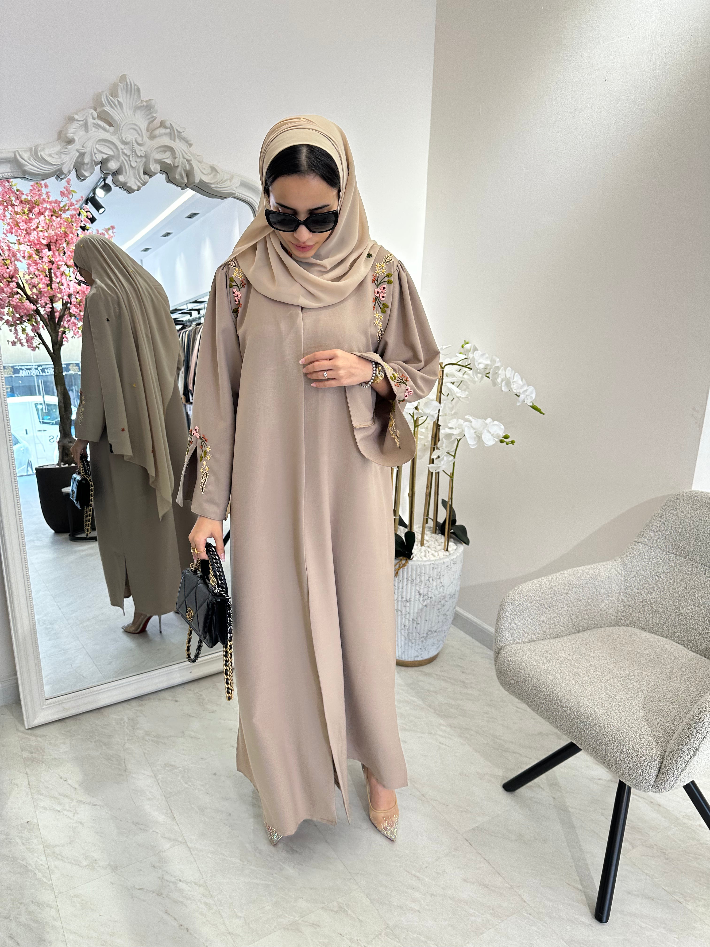 C Beige Linen Embroidered Abaya