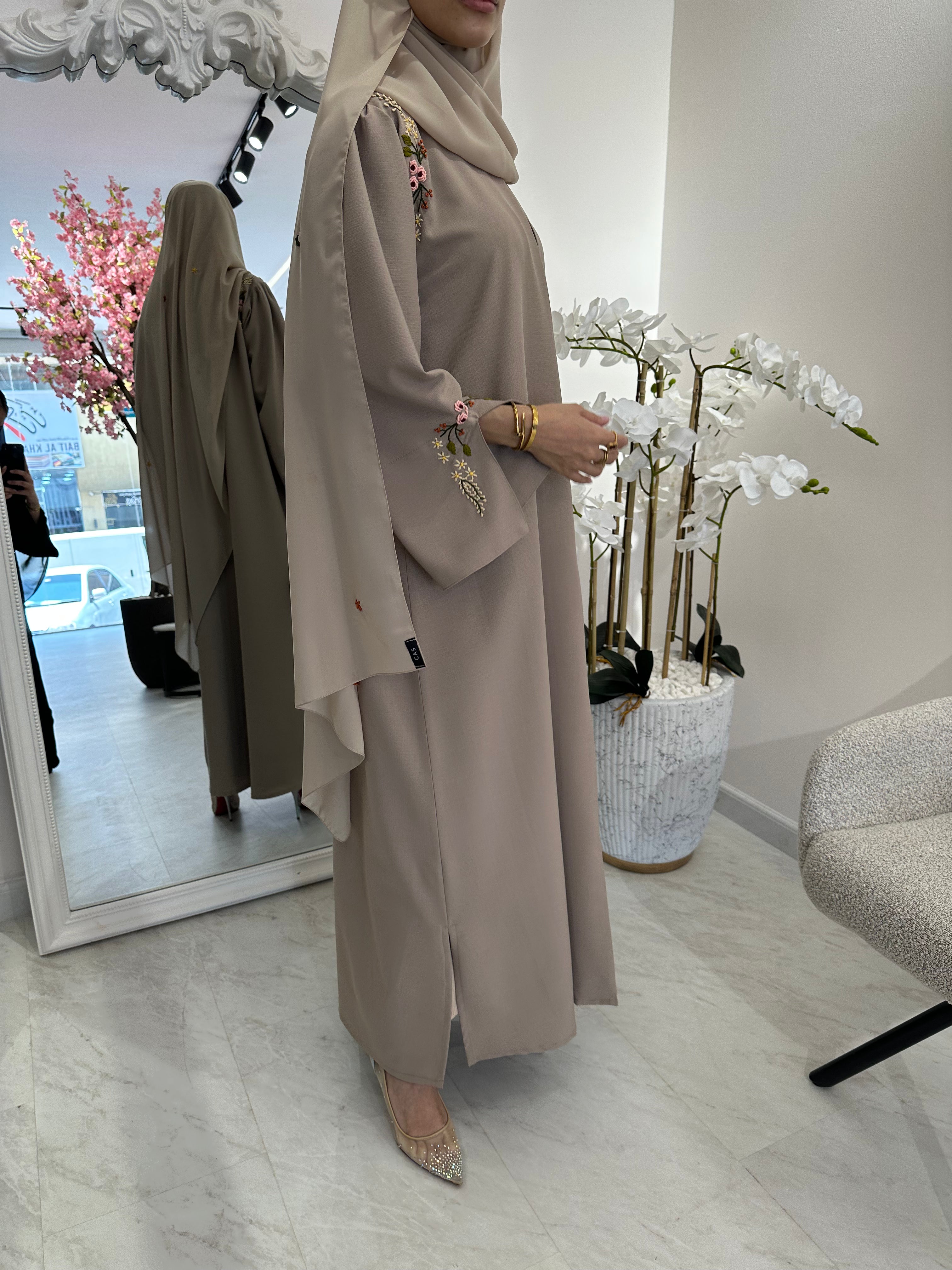 C Beige Linen Embroidered Abaya
