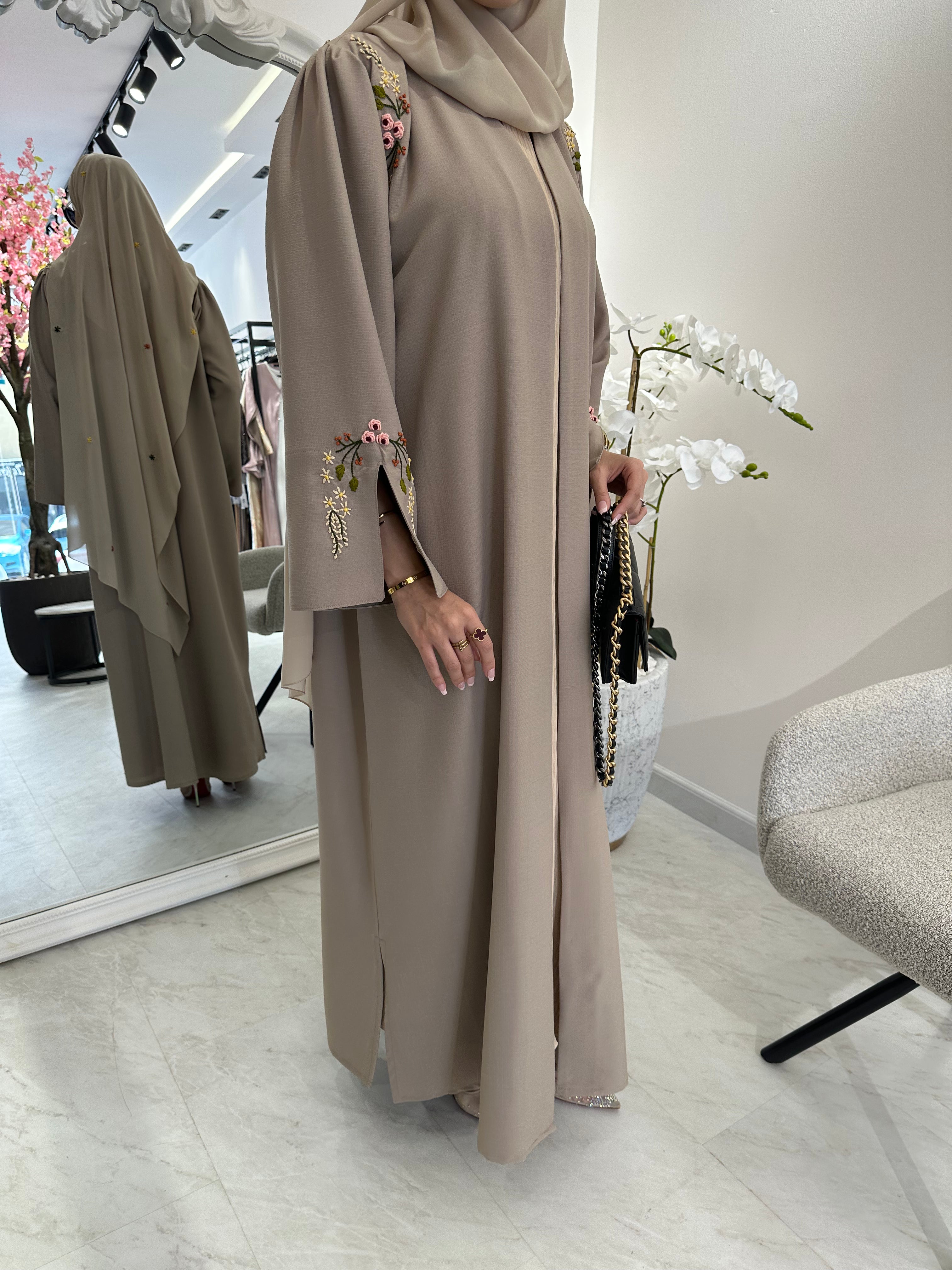 C Beige Linen Embroidered Abaya