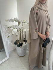 C Beige Linen Embroidered Abaya