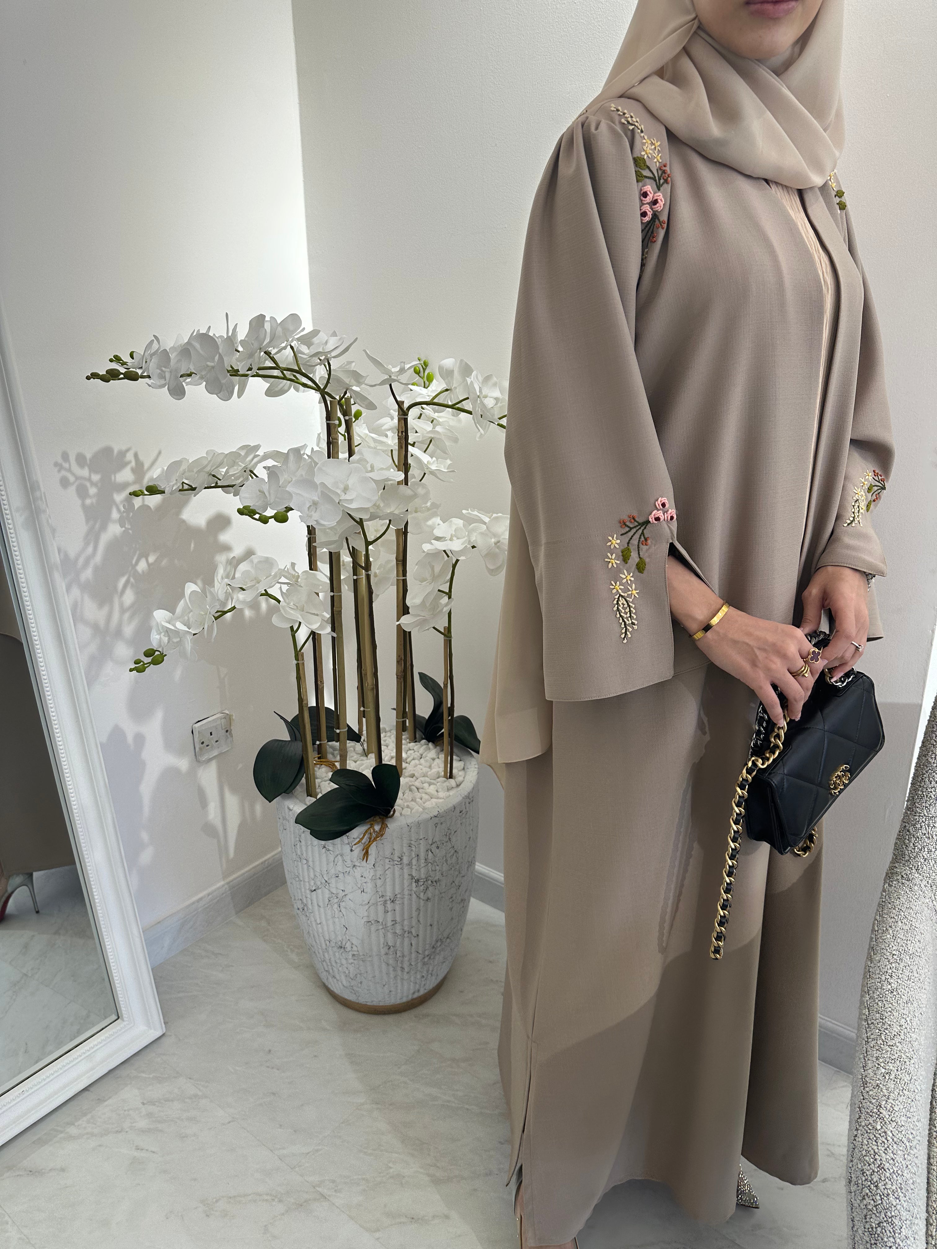 C Beige Linen Embroidered Abaya