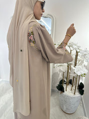 C Beige Linen Embroidered Abaya