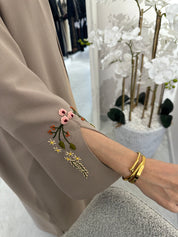 C Beige Linen Embroidered Abaya