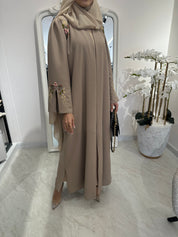C Beige Linen Embroidered Abaya
