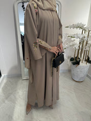 C Beige Linen Embroidered Abaya