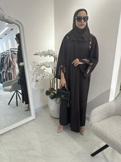 C Brown Linen Embroidered Abaya