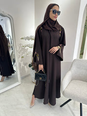 C Brown Linen Embroidered Abaya
