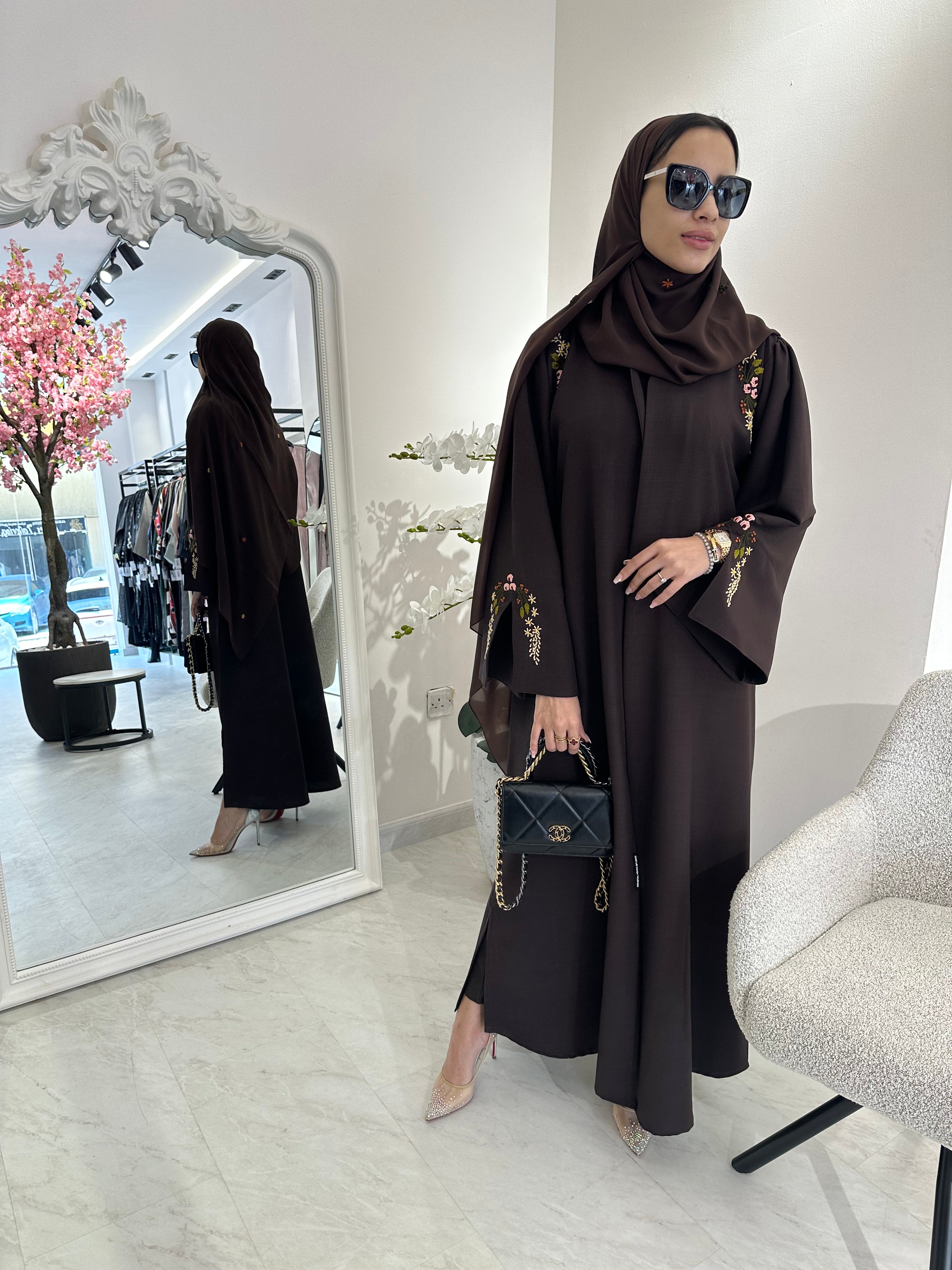 C Brown Linen Embroidered Abaya