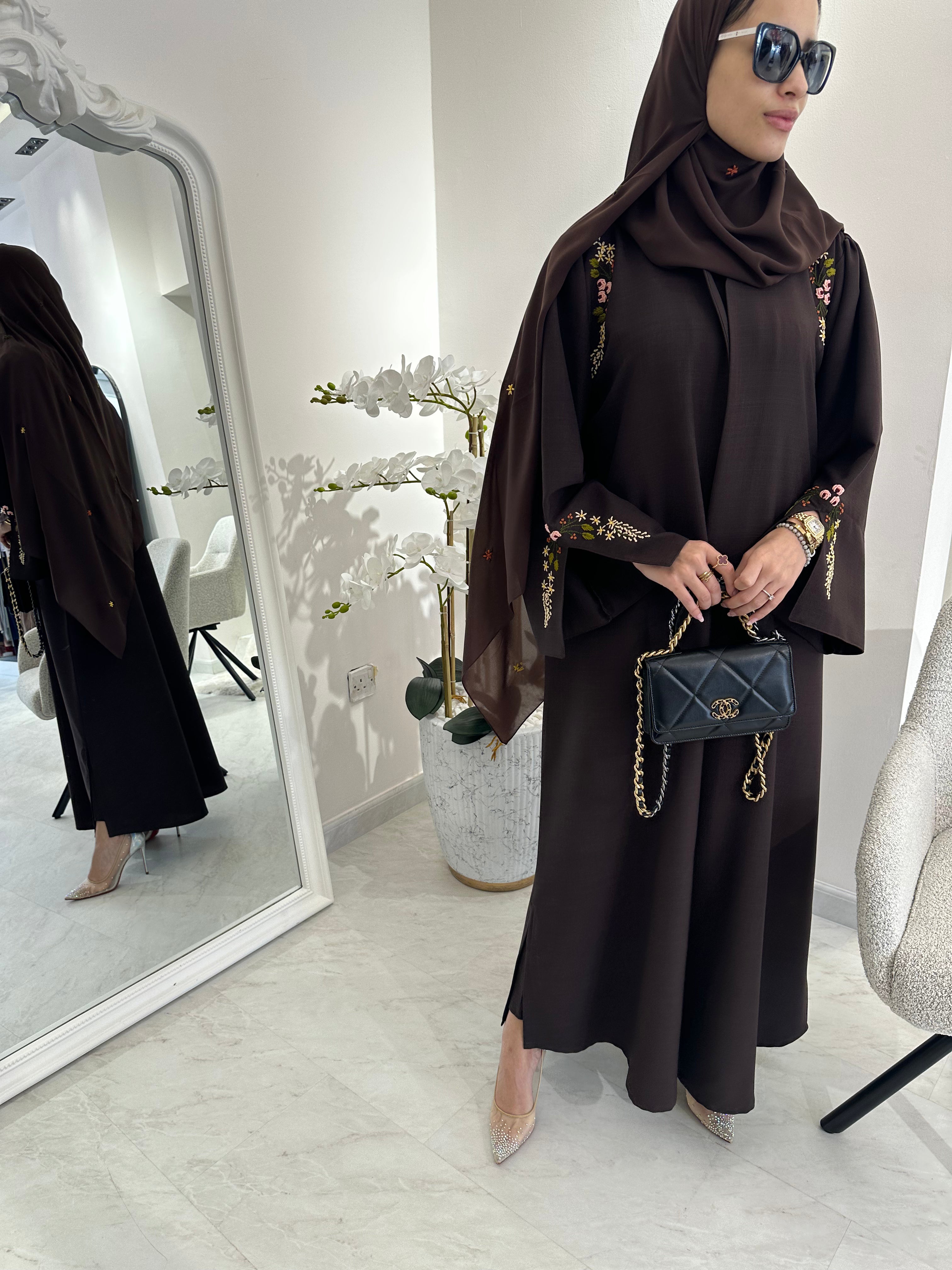 C Brown Linen Embroidered Abaya