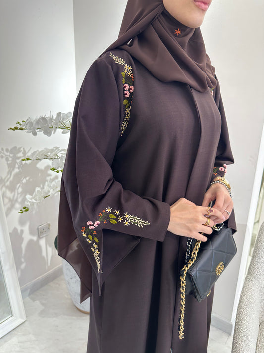 C Brown Linen Embroidered Abaya Set
