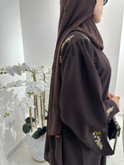C Brown Linen Embroidered Abaya