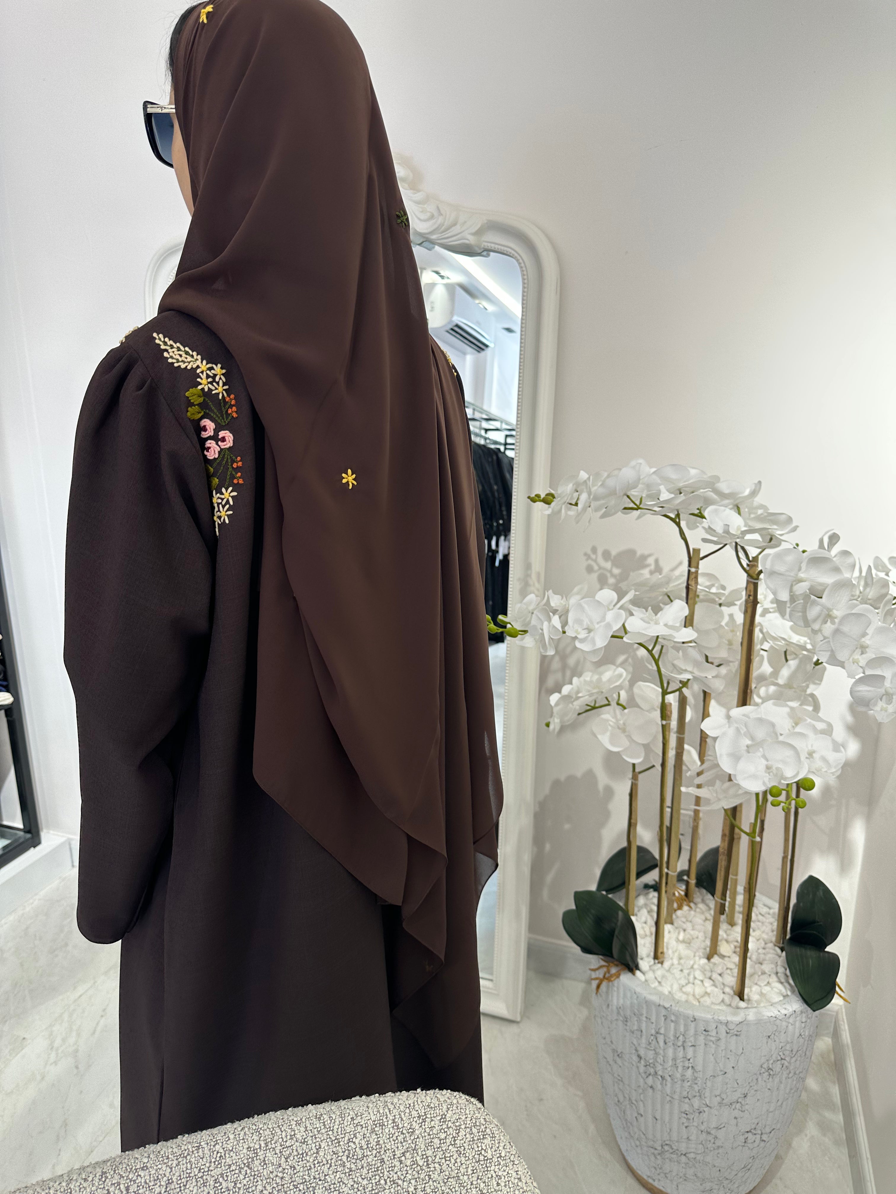 C Brown Linen Embroidered Abaya