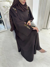 C Brown Linen Embroidered Abaya