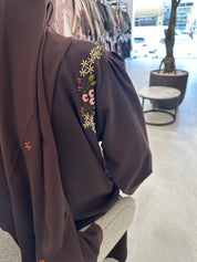 C Brown Linen Embroidered Abaya