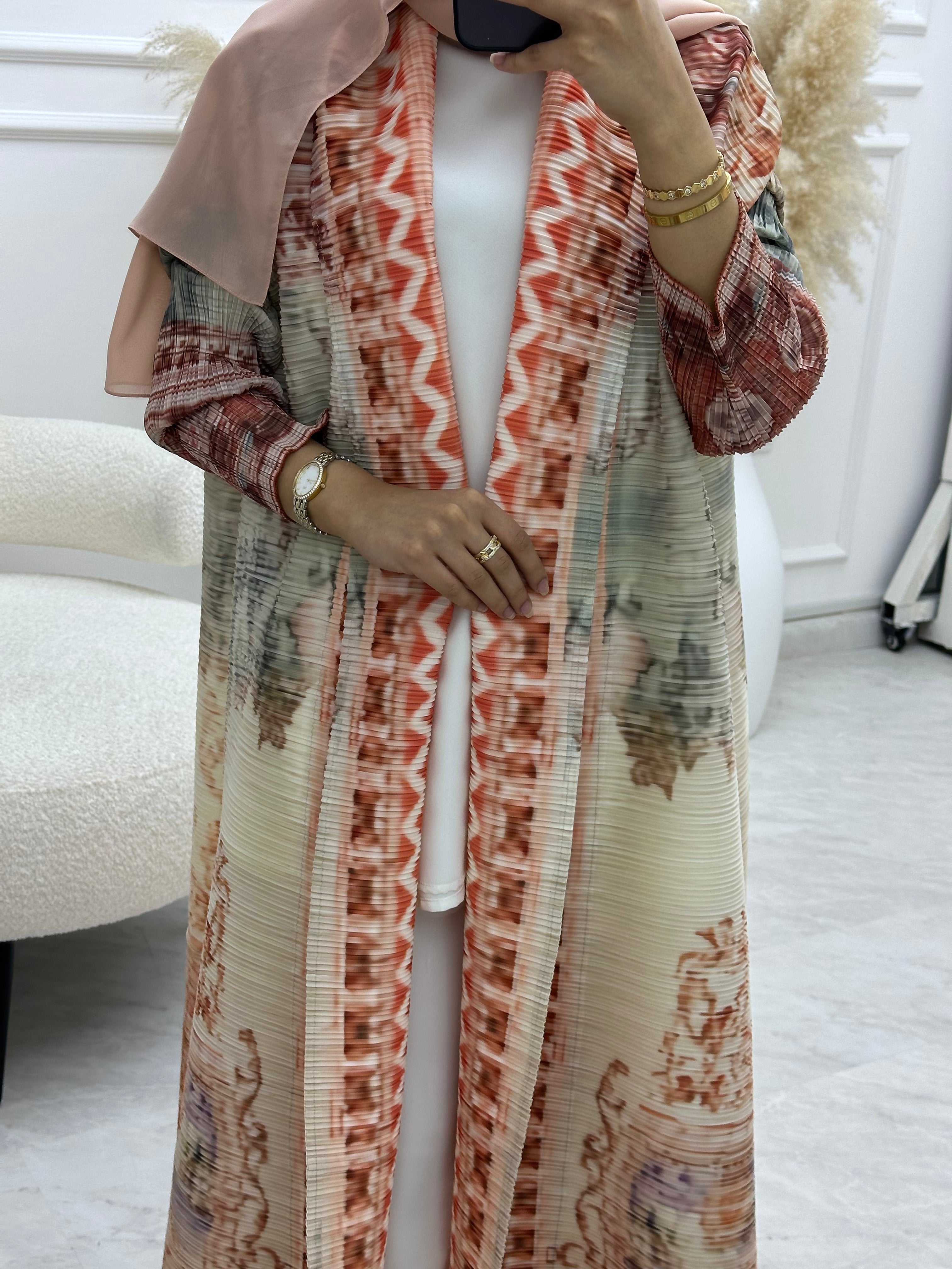 C RTW 06 Peach Pleated Print Abaya