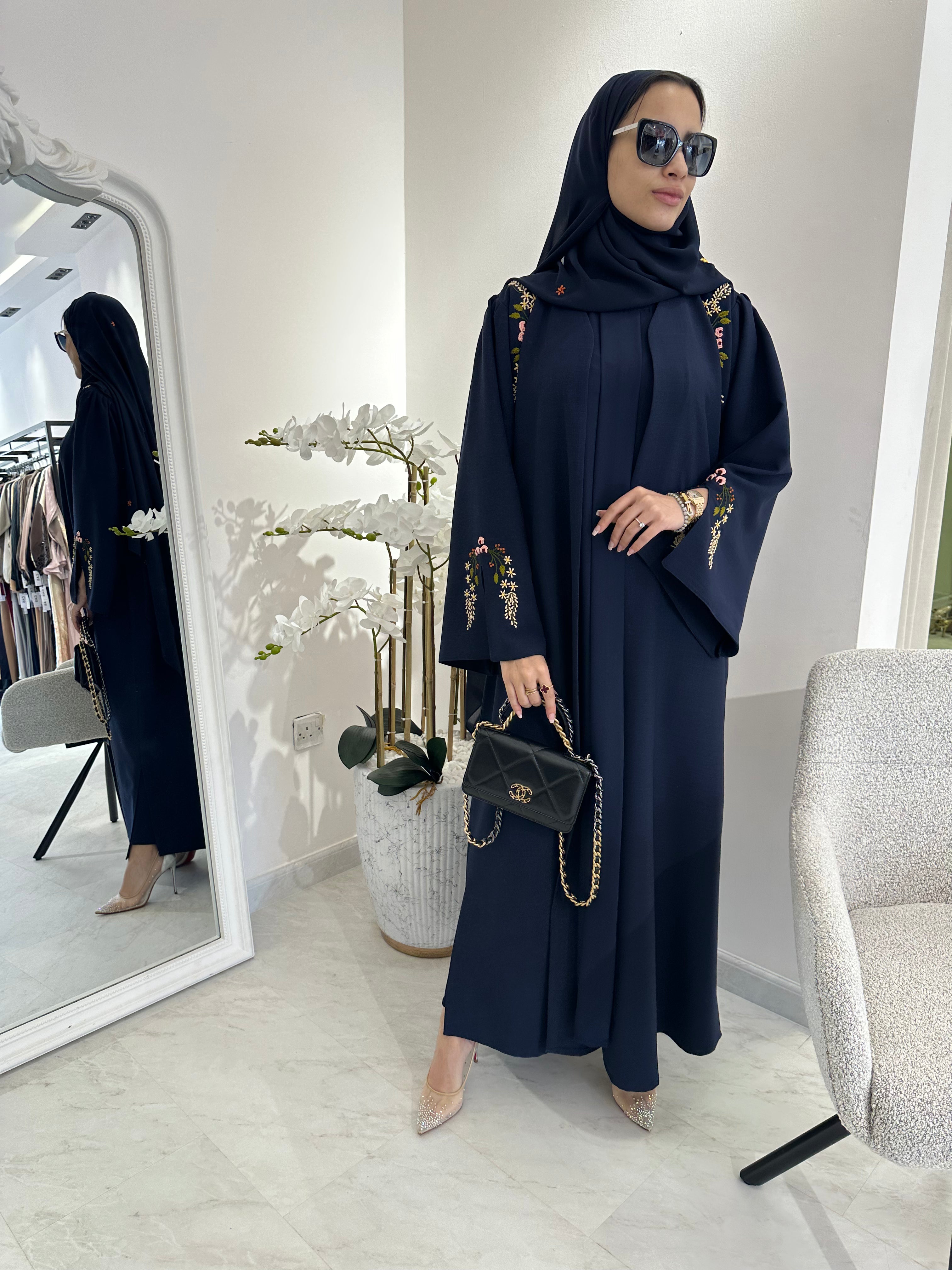 C Blue Linen Embroidered Abaya
