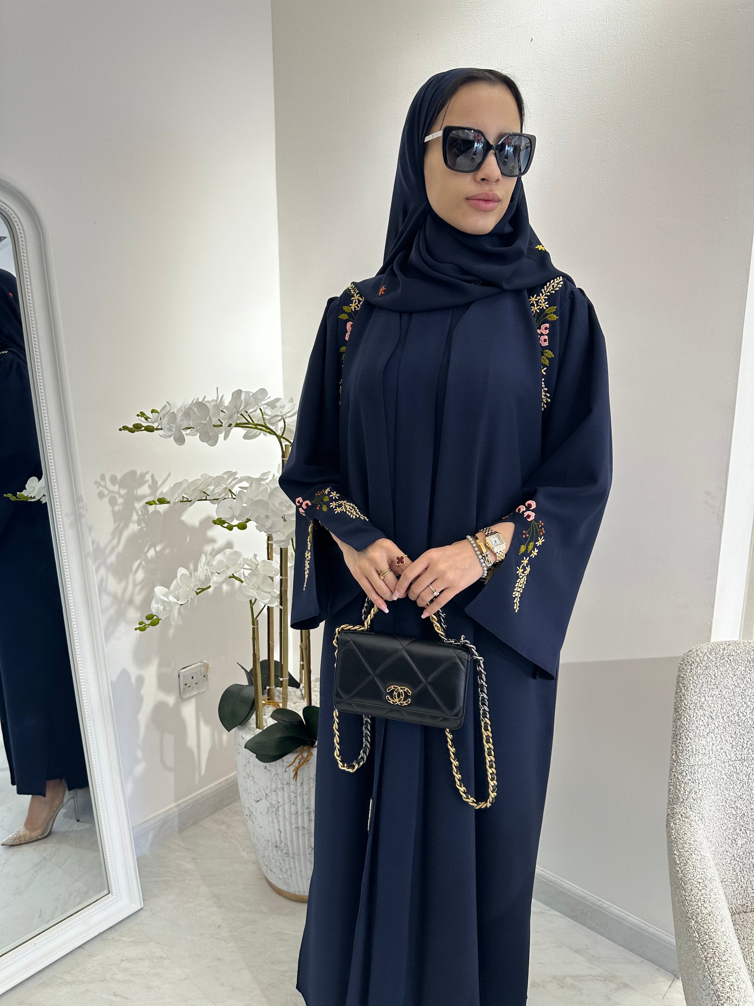 C Blue Linen Embroidered Abaya