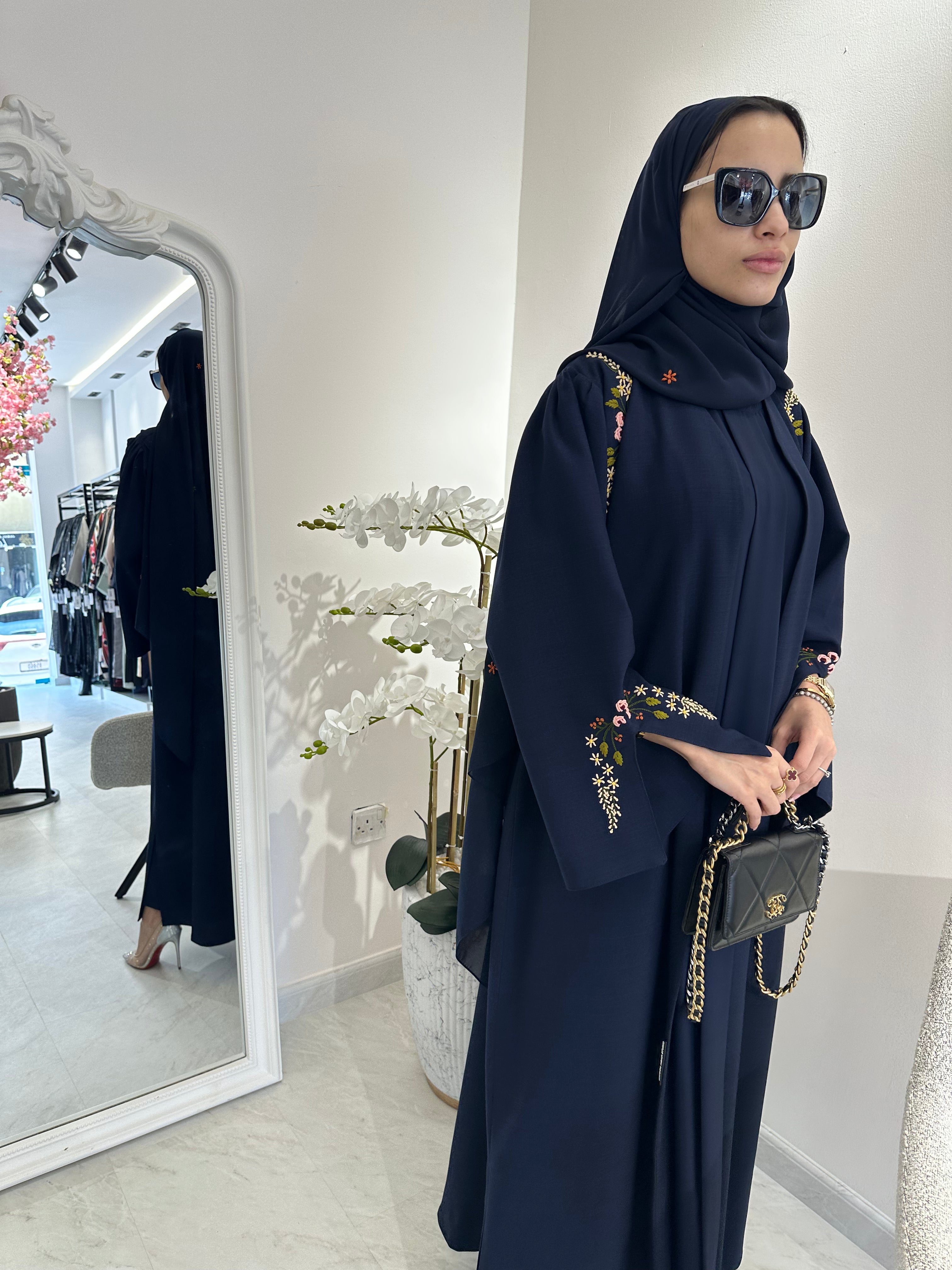 C Blue Linen Embroidered Abaya