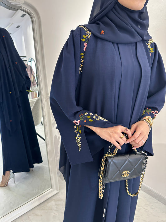 C Blue Linen Embroidered Abaya Set