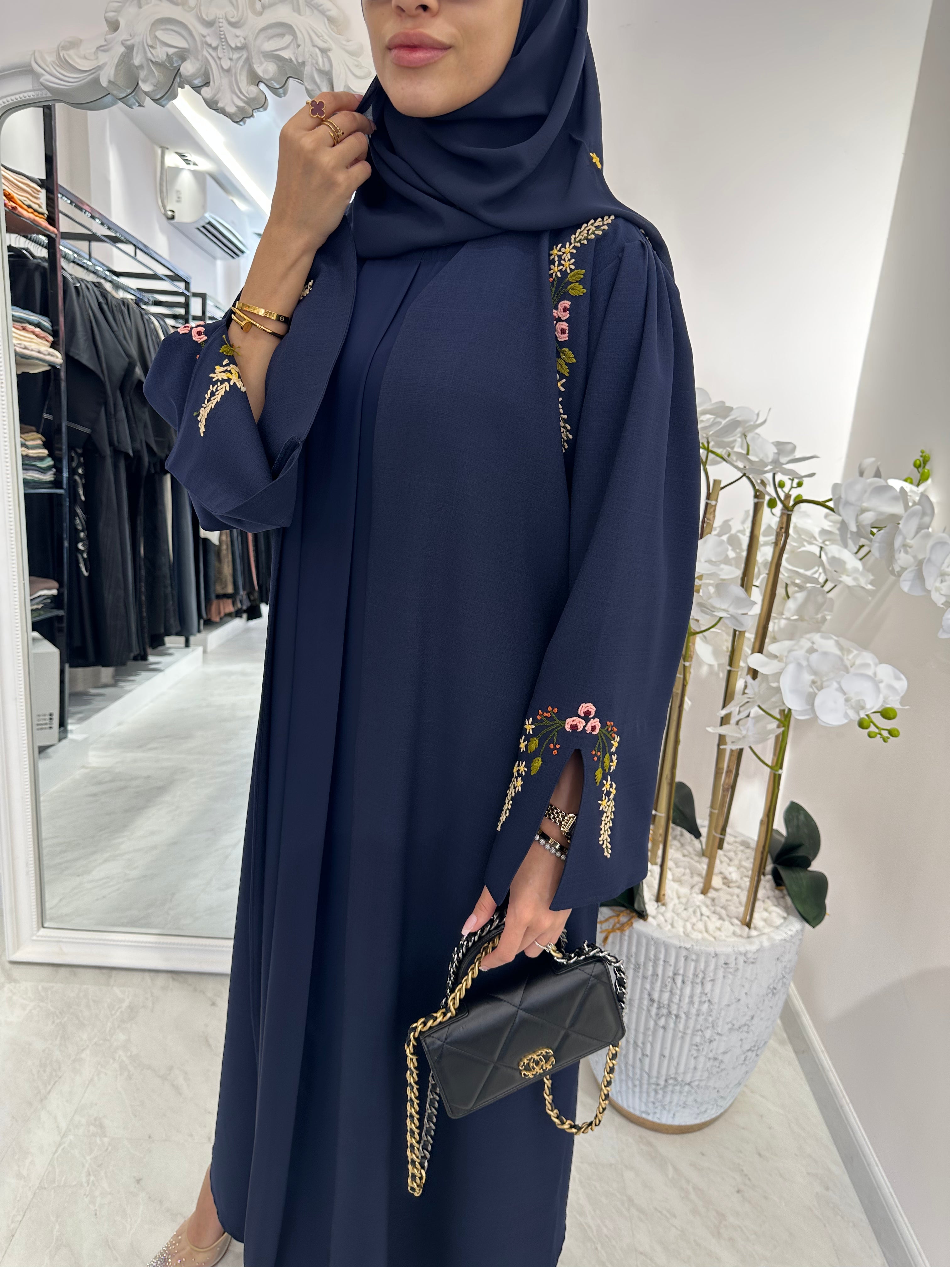C Blue Linen Embroidered Abaya