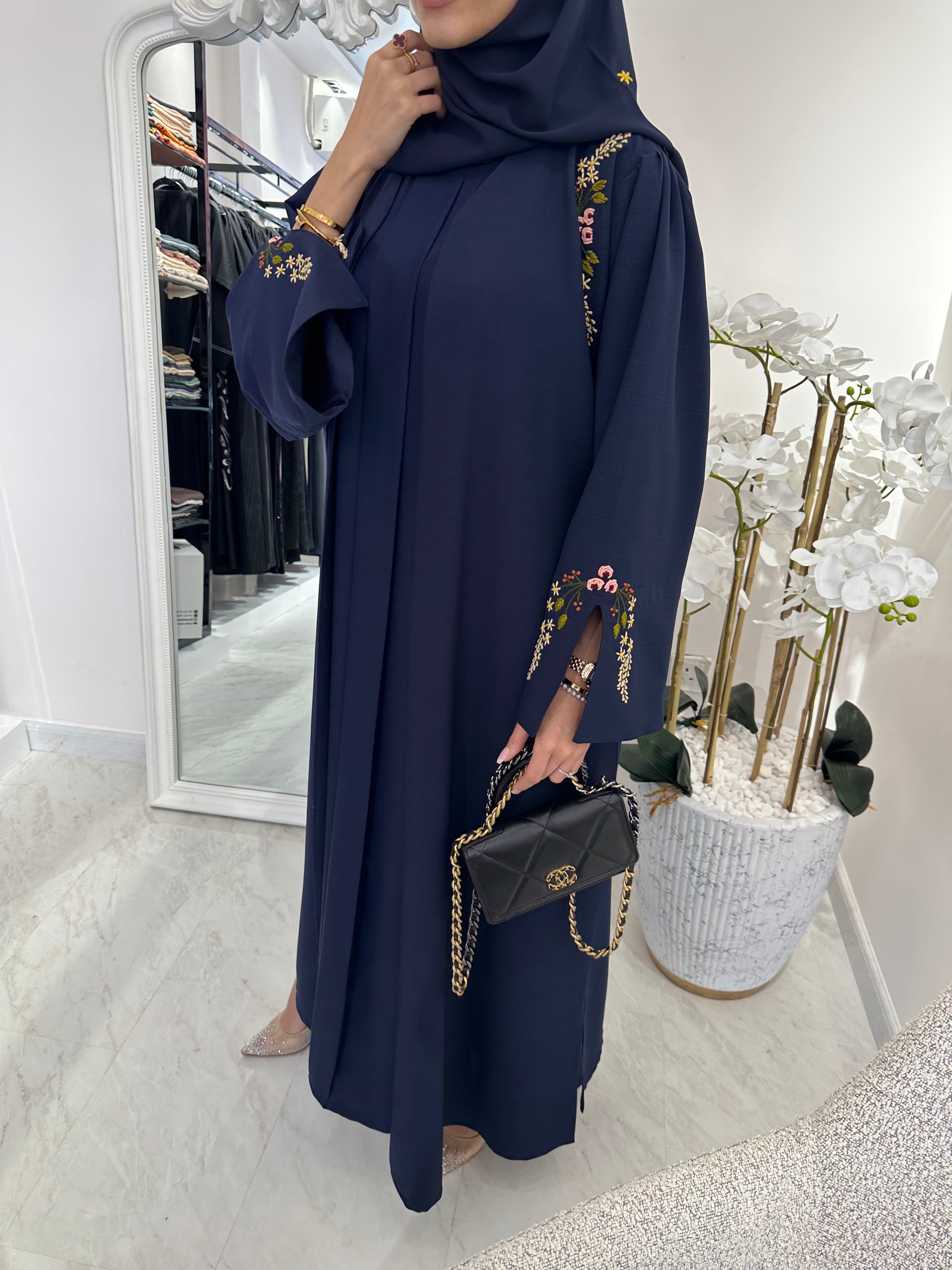 C Blue Linen Embroidered Abaya