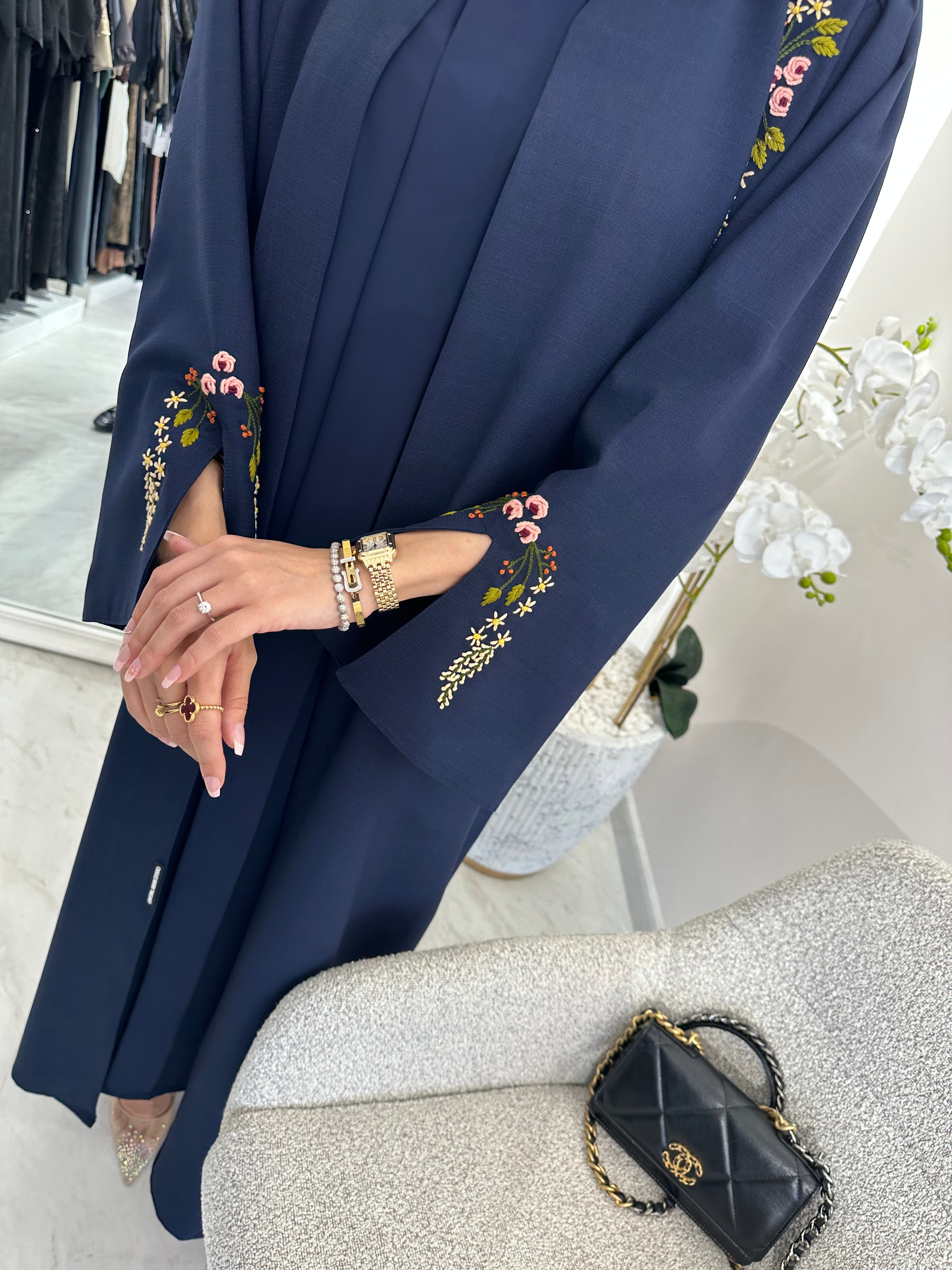 C Blue Linen Embroidered Abaya