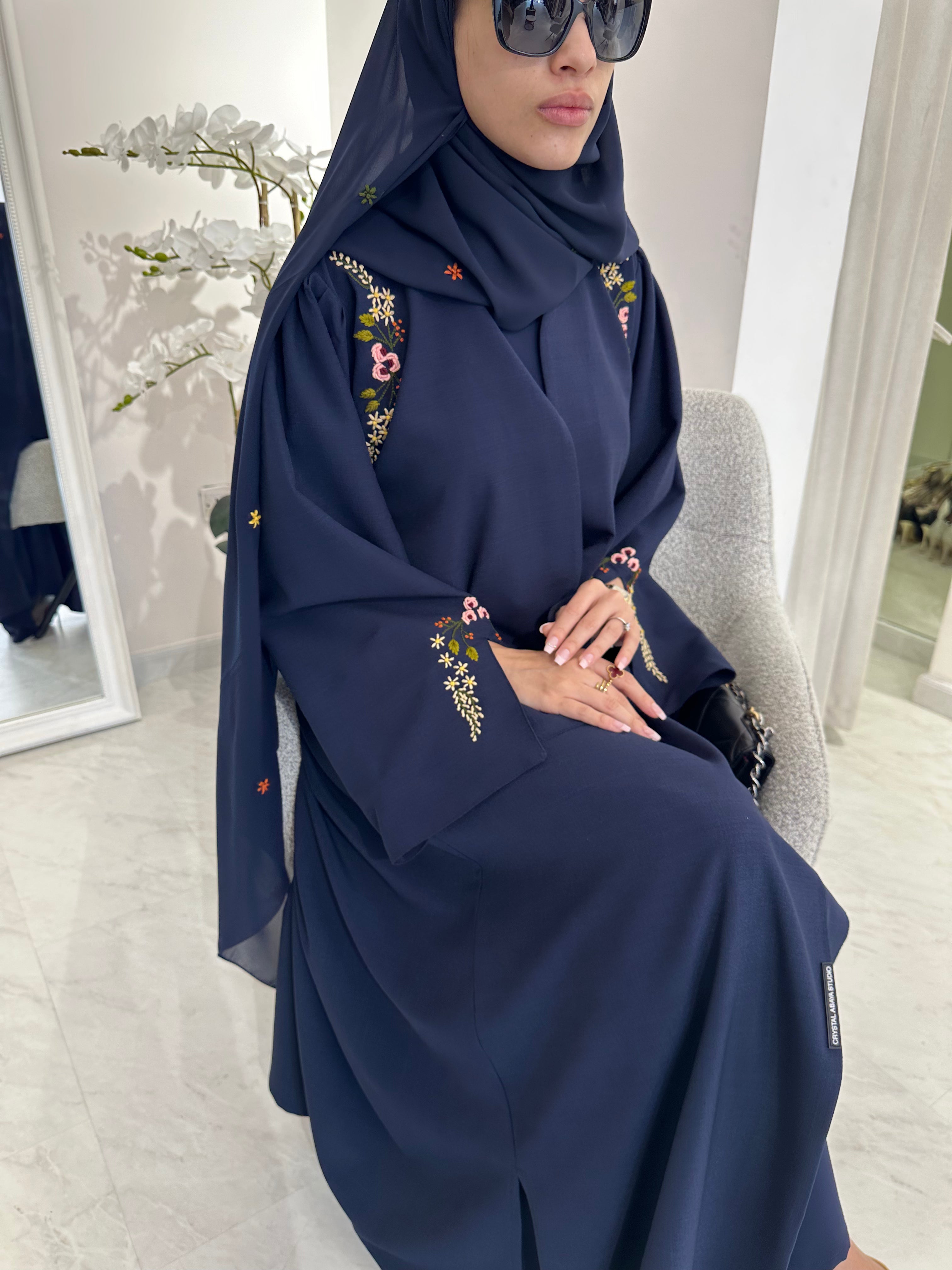 C Blue Linen Embroidered Abaya