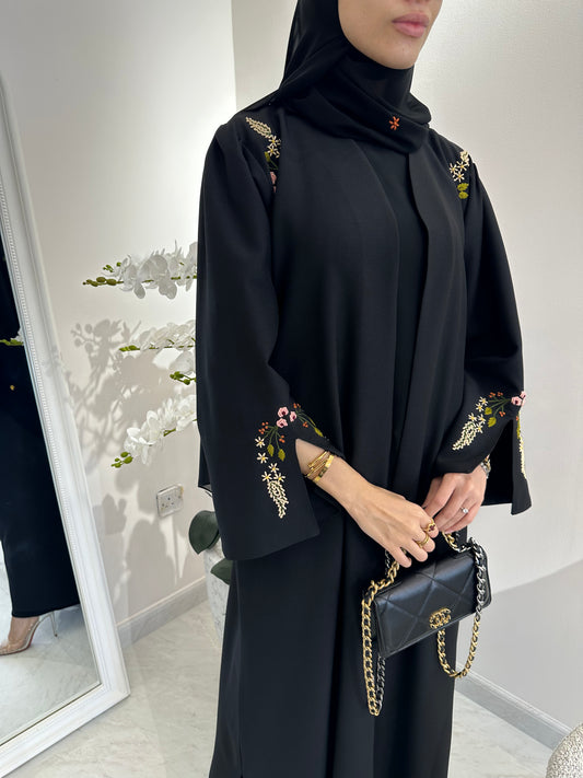 C Black Linen Embroidered Abaya Set